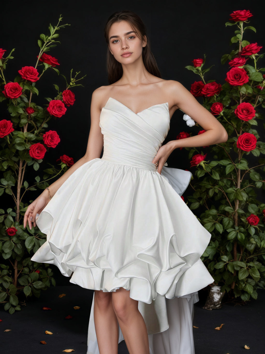 White Strapless Sweetheart Mini Dress With Bubble Hem And Back Bow Train, Elegant Short Prom Dress, Princess Birthday Gown, Cocktail Party Look, Dreamy Ruffle Formal Dress, Bridal Shower Outfit