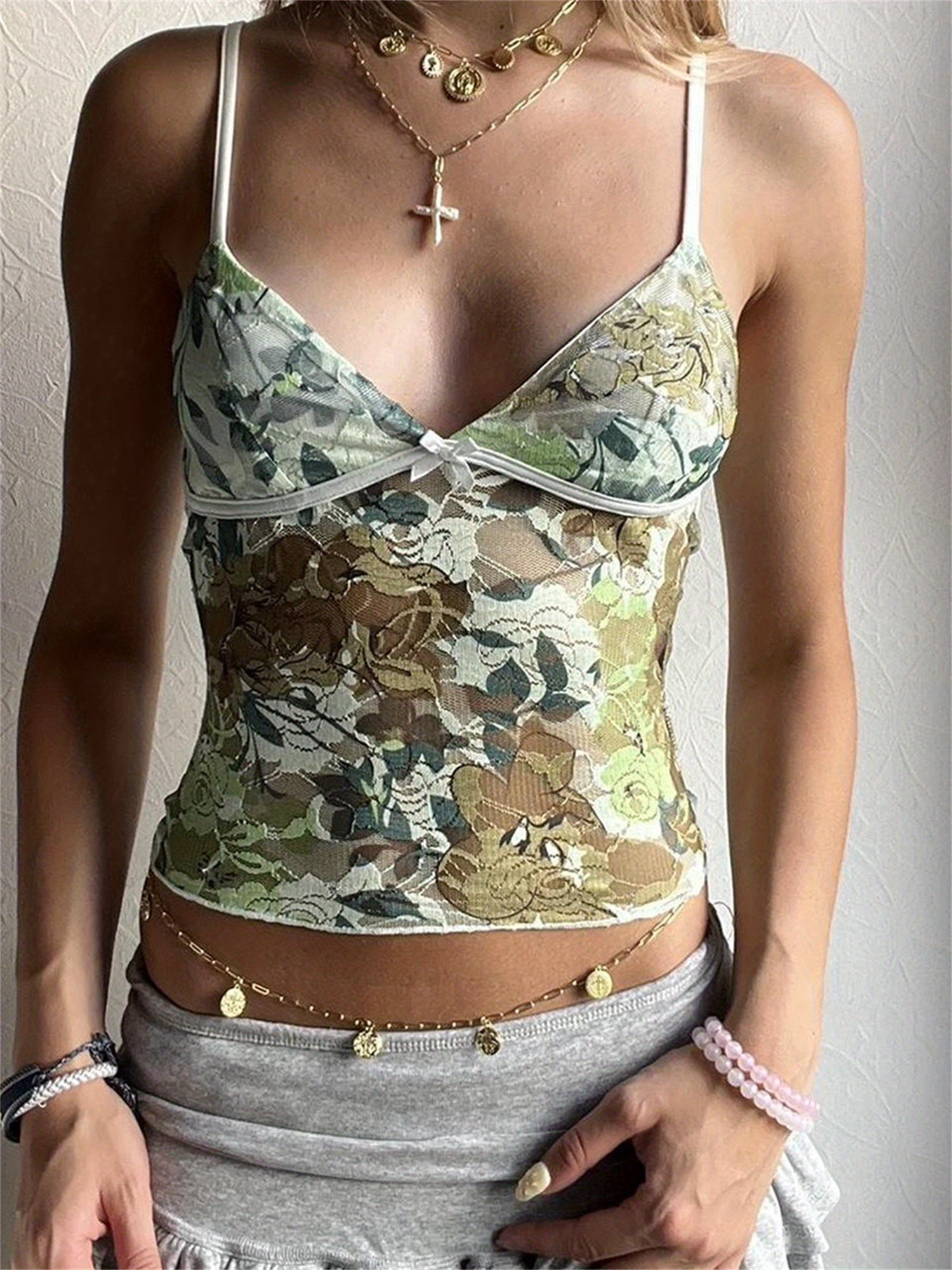 Floral Lace Camisole Top for Women - V-Neck Spaghetti Straps, Sleeveless Crop Tank with Intricate Floral Print & Lace Detailing, Perfect for Summer Streetwear & Club Outfits, Lace Trim