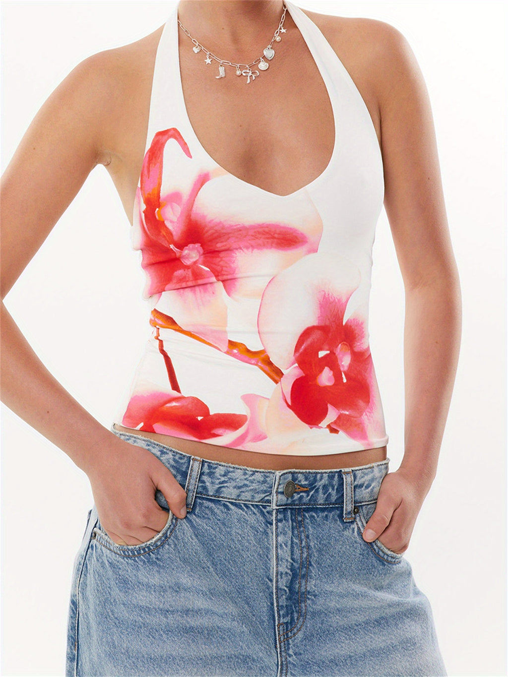 Women's Floral Print Halter Neck Cropped Tank Top - Sleeveless Slim Fit Summer Top with Black & Pink Flowers, Machine Washable Sexy Casual Wear