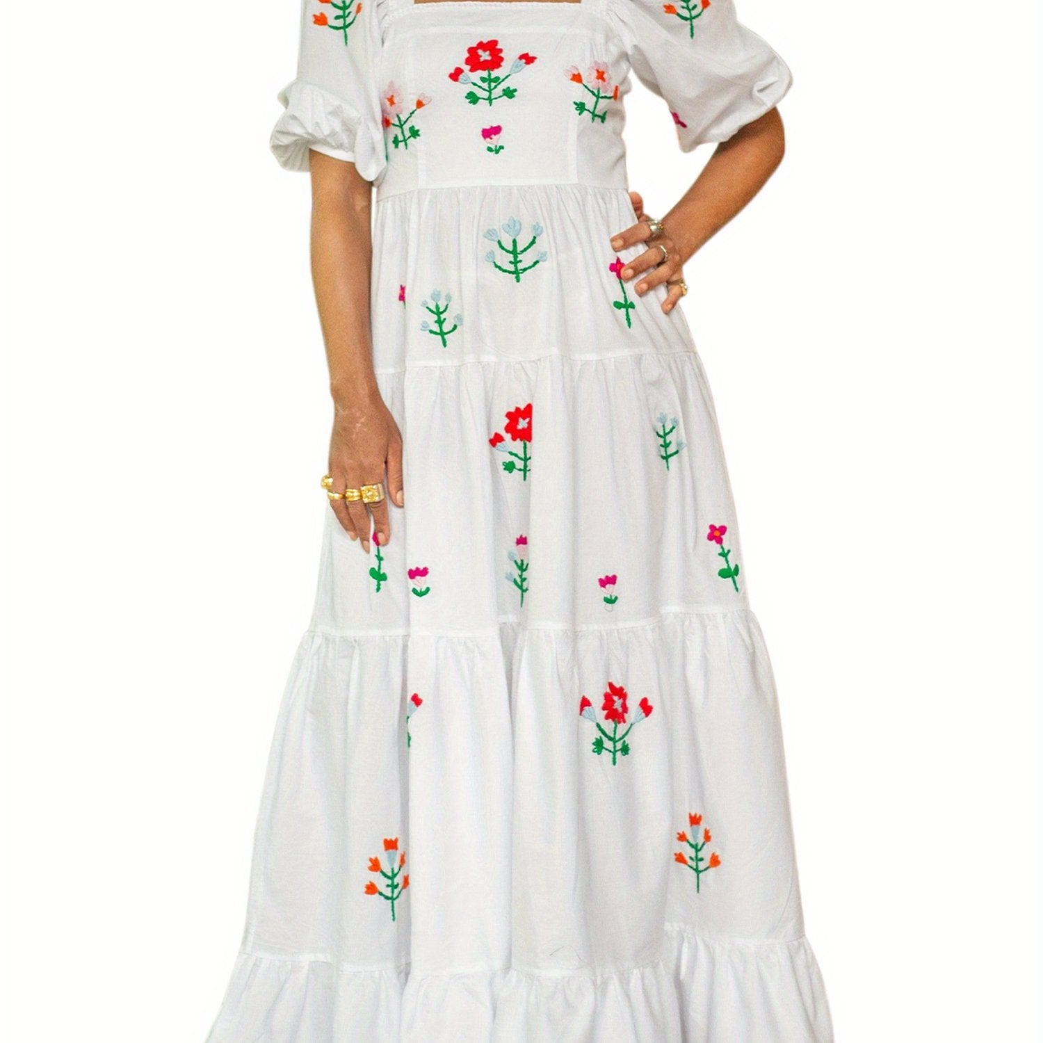 Women Long Dress Embroidery Smocked Square Neck Elbow-Length Sleeve Backless Flowy Dresses