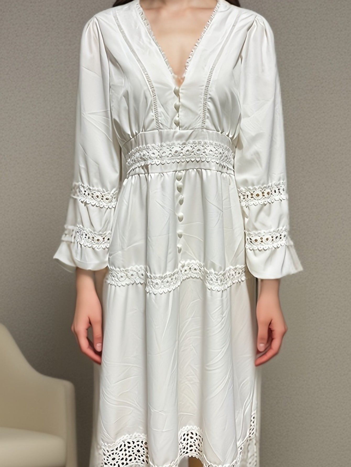 Elegant Lace Hollow Out Women'S Long Dress Solid V-neck Patchwork Puff Sleeve Bodycon Dressess Female 2025 Spring New Lady Robes