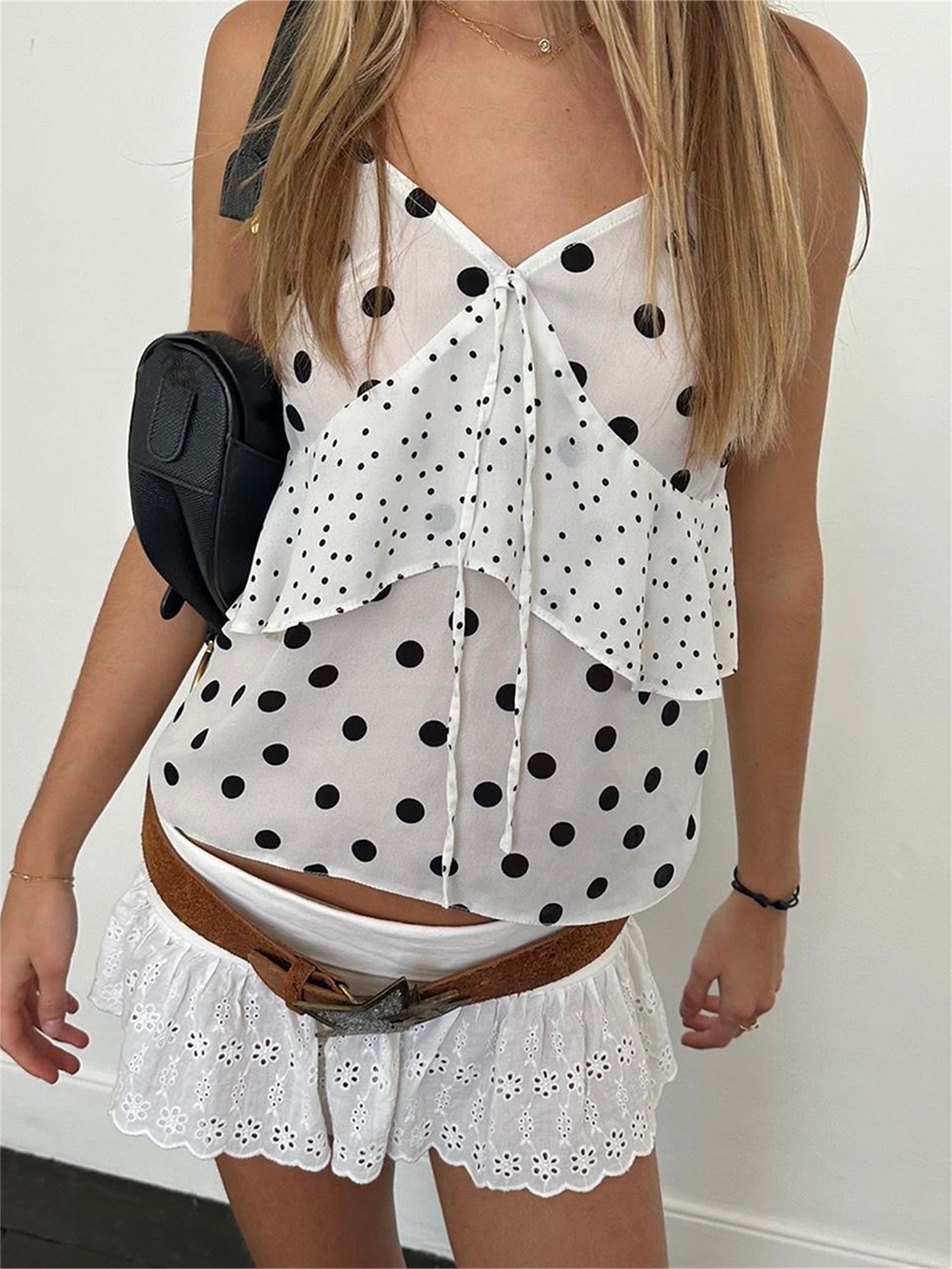 Women Camisoles Dot Print Tie-Up Front V-Neck Casual Tank Tops Summer Sleeveless Tops Streetwear