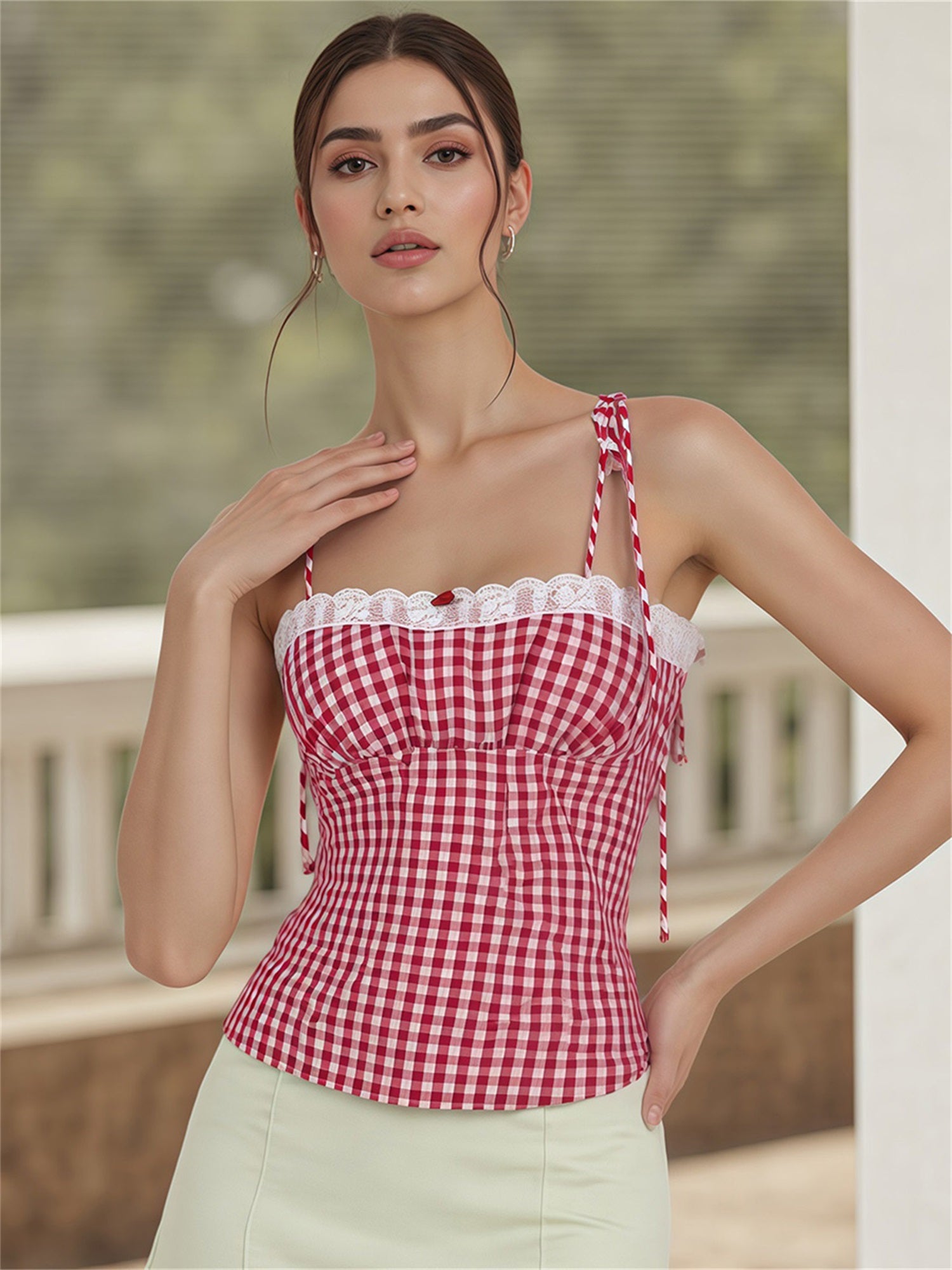 Women'S Fitted Cami Tops Sleeveless Lace Trim Plaid Print Slim Fit Camisole Tank Tops