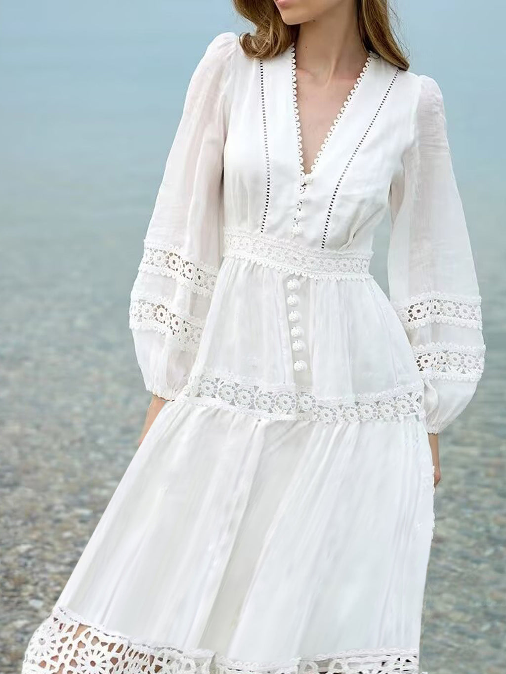 Elegant Lace Hollow Out Women'S Long Dress Solid V-neck Patchwork Puff Sleeve Bodycon Dressess Female 2025 Spring New Lady Robes