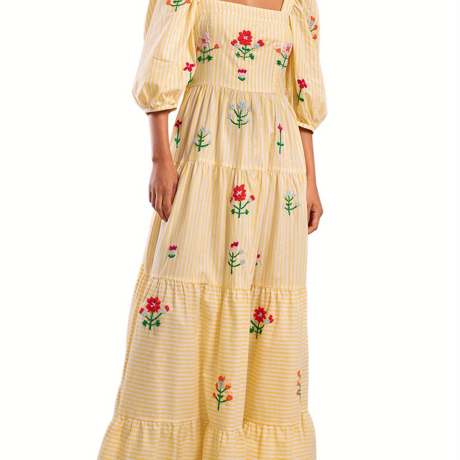 Women Long Dress Embroidery Smocked Square Neck Elbow-Length Sleeve Backless Flowy Dresses