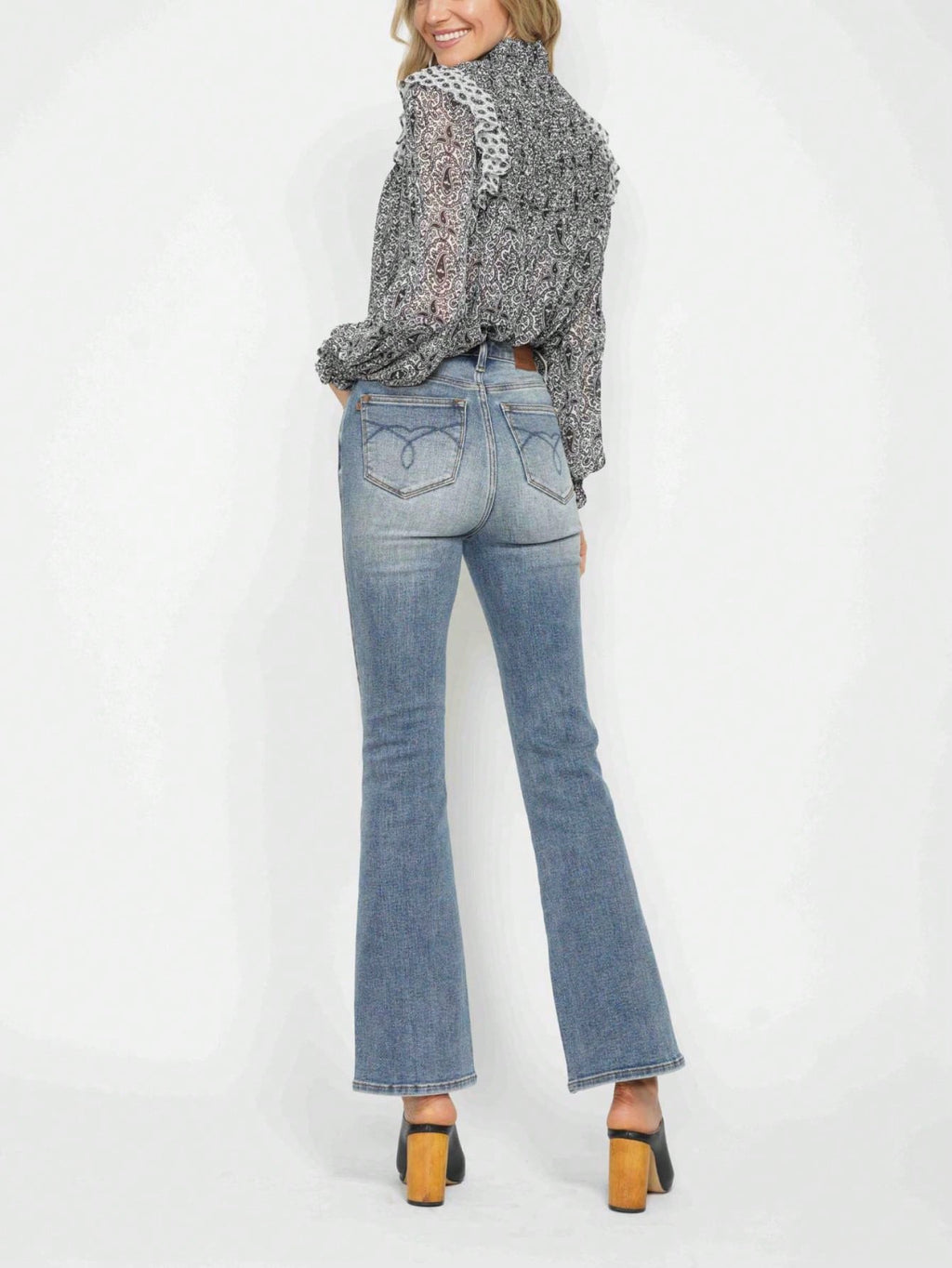 Judy-B Womens Casual Boho Chic Paisley Print Ruffle High Neck Blouse Long Sleeve Semi Sheer Gray White Pattern Top Victorian Inspired Mock Neck Gathered Cuff Spring Fall Office Wear