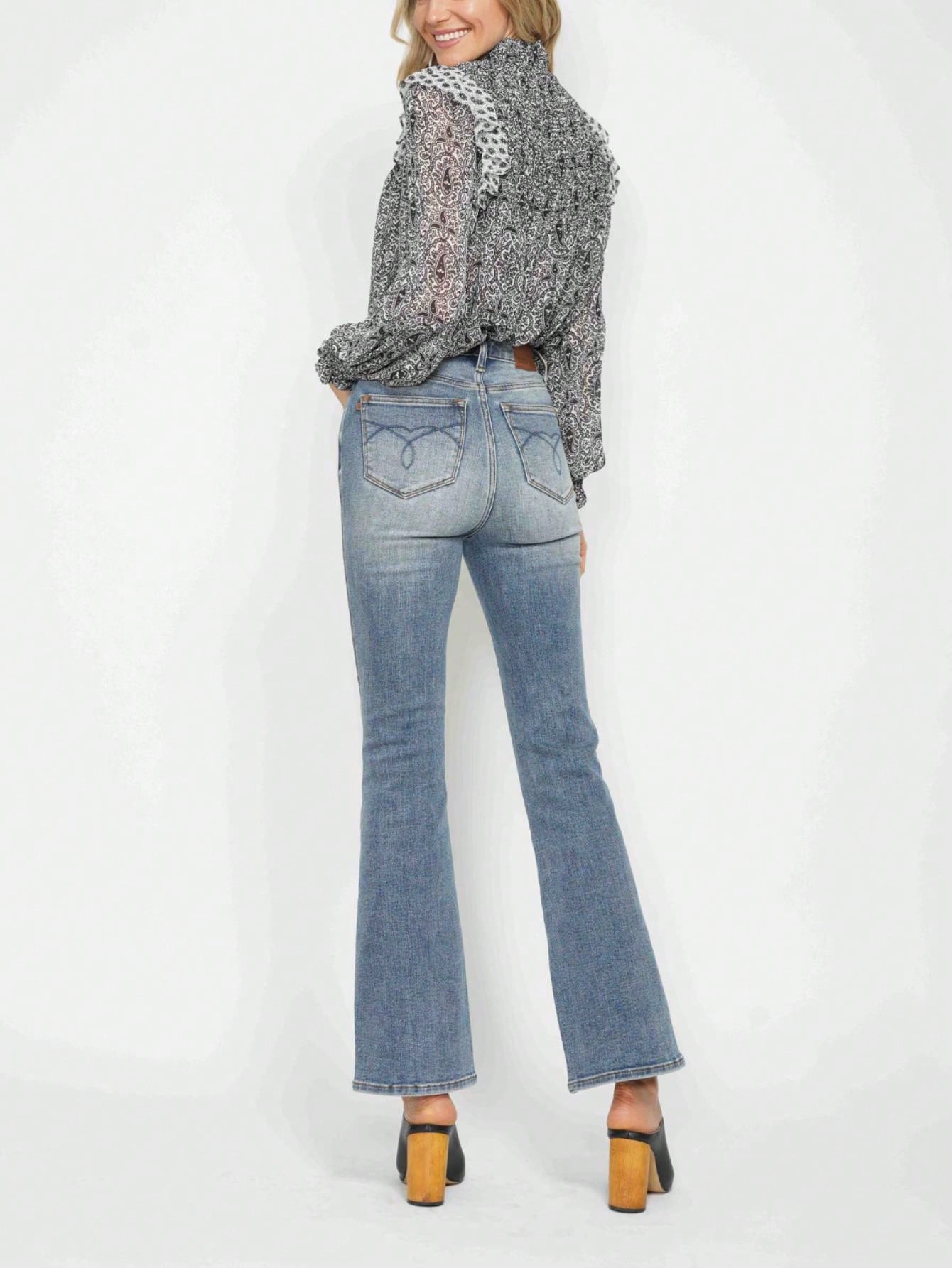 Judy-B Womens Casual Boho Chic Paisley Print Ruffle High Neck Blouse Long Sleeve Semi Sheer Gray White Pattern Top Victorian Inspired Mock Neck Gathered Cuff Spring Fall Office Wear