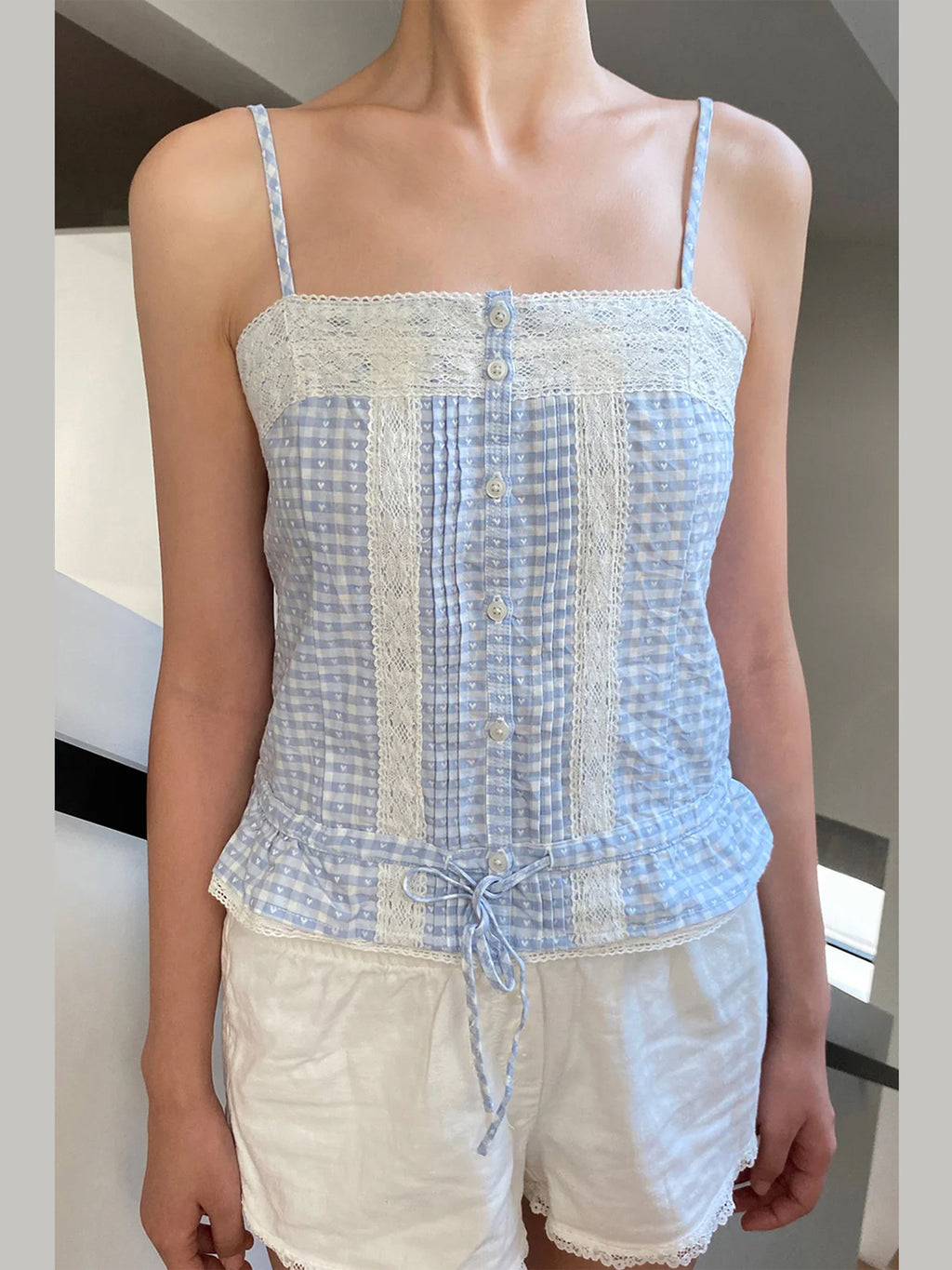 Women'S Lace Patchwork Cami Tops Plaid Print\u002FSolid Color Sleeveless Button Camisole Tank Tops