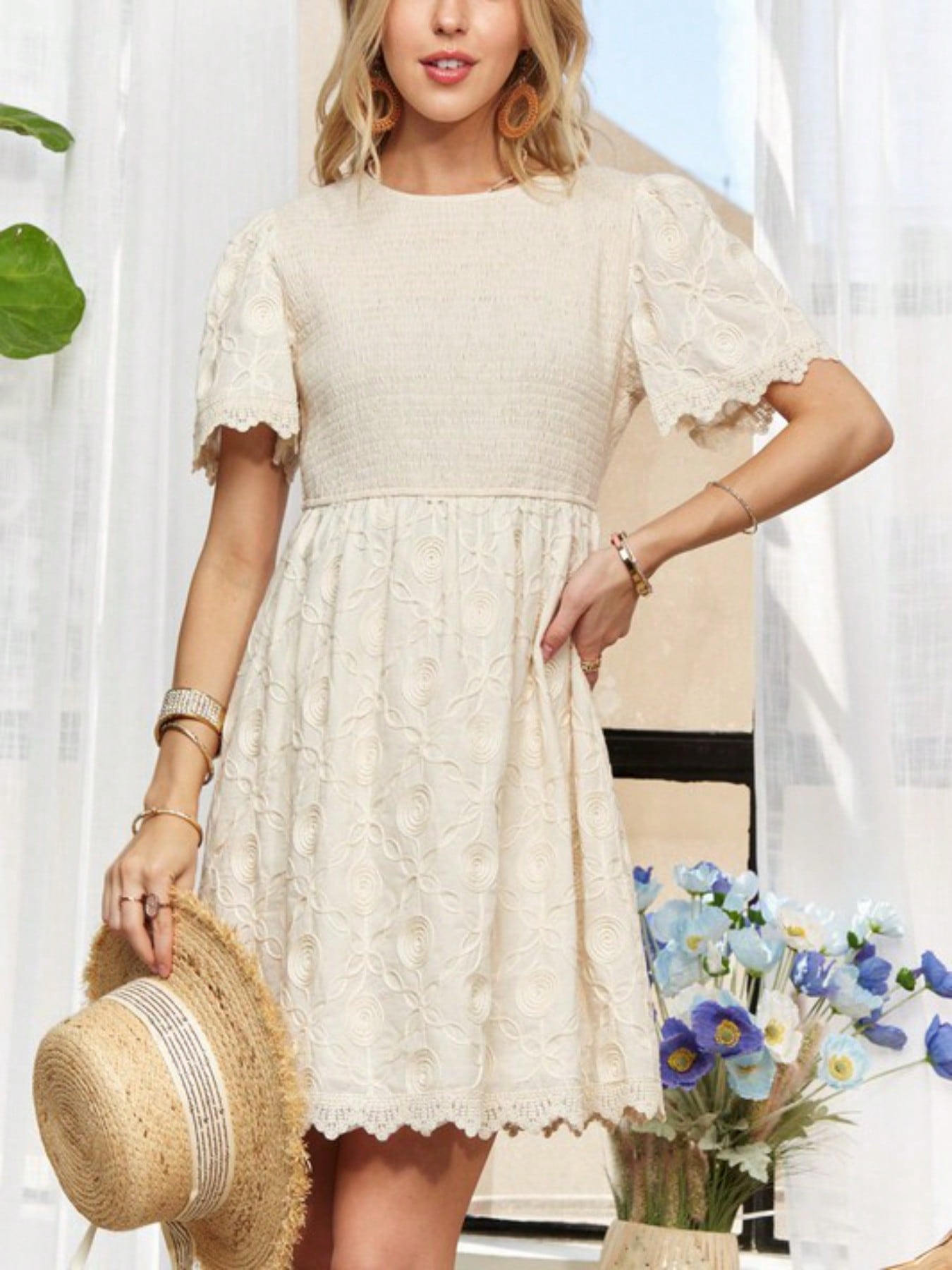 Womens Casual Mini Dress Romantic Vintage Floral Lace Embroidered Empire Waist Babydoll Smocked Bodice Short Flutter Sleeve Scalloped Hem Round Neck Cream Summer Party Wedding Guest