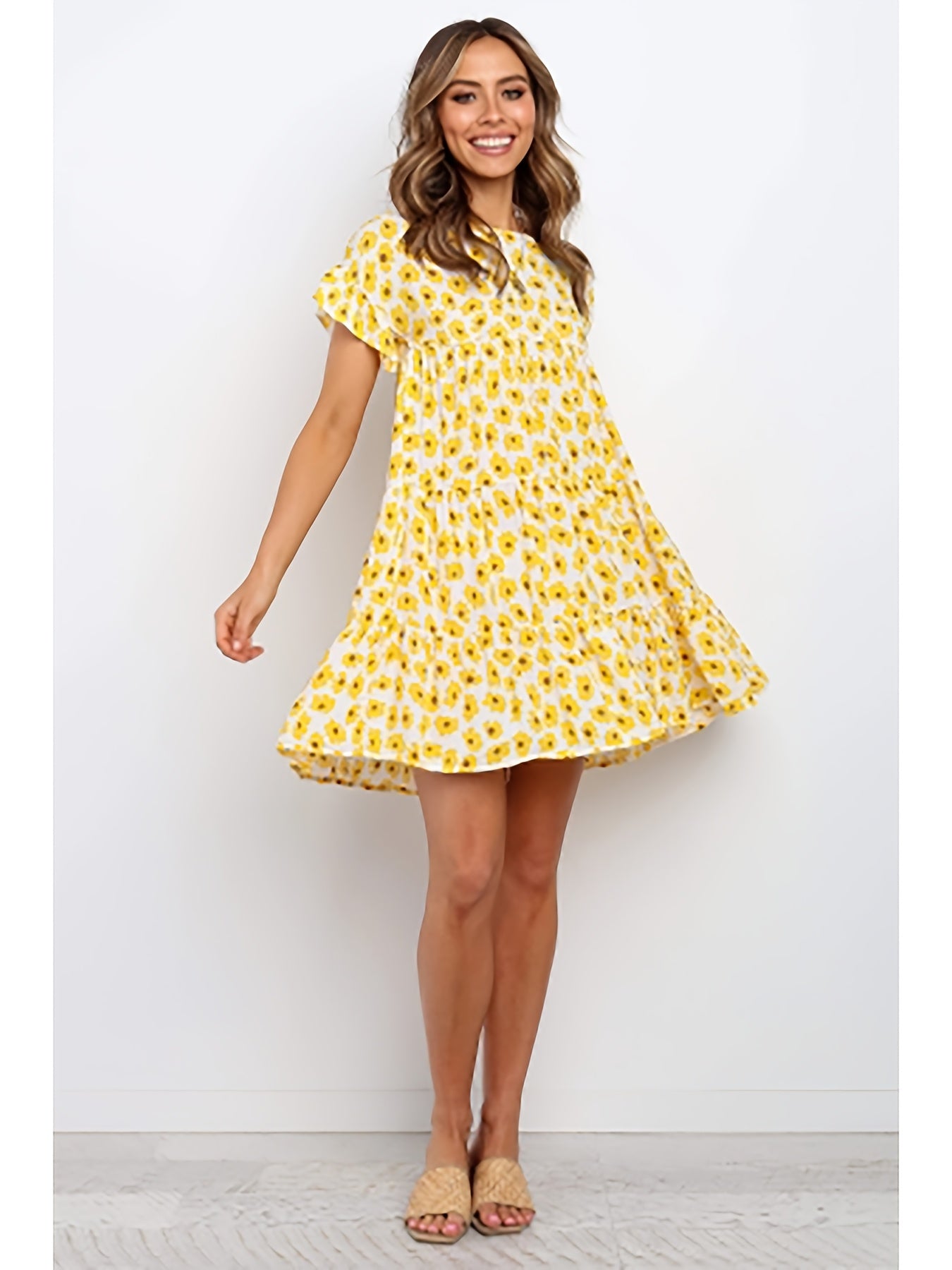 Women'S Boho Floral Print Short Sleeve T-Shirt Dress - Casual Ruffled Hem, Loose Swing Fit, Round Neck, Lightweight Summer Dress for Casual Attire, Boho Dress