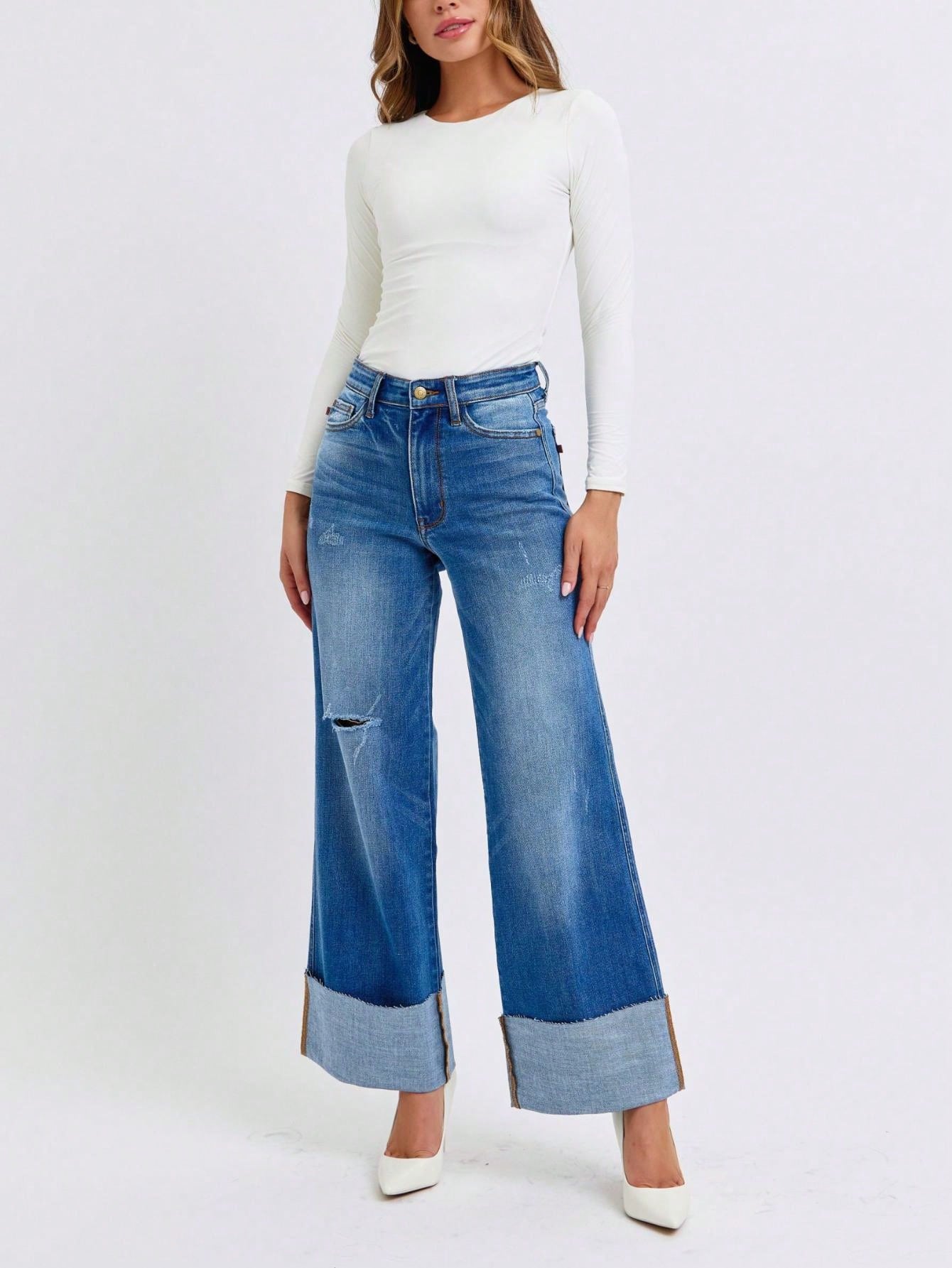 Judy-B Women's Casual Wide-Leg Jeans Fashion High-Waisted Distressed Denim Pants with Cuffed Hem Relaxed Fit Button and Zip Closure Perfect for All Seasons Daily Outfits