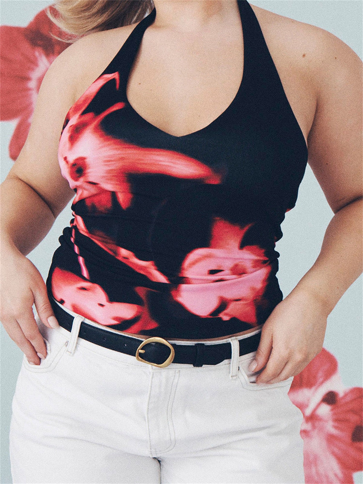 Women's Floral Print Halter Neck Cropped Tank Top - Sleeveless Slim Fit Summer Top with Black & Pink Flowers, Machine Washable Sexy Casual Wear