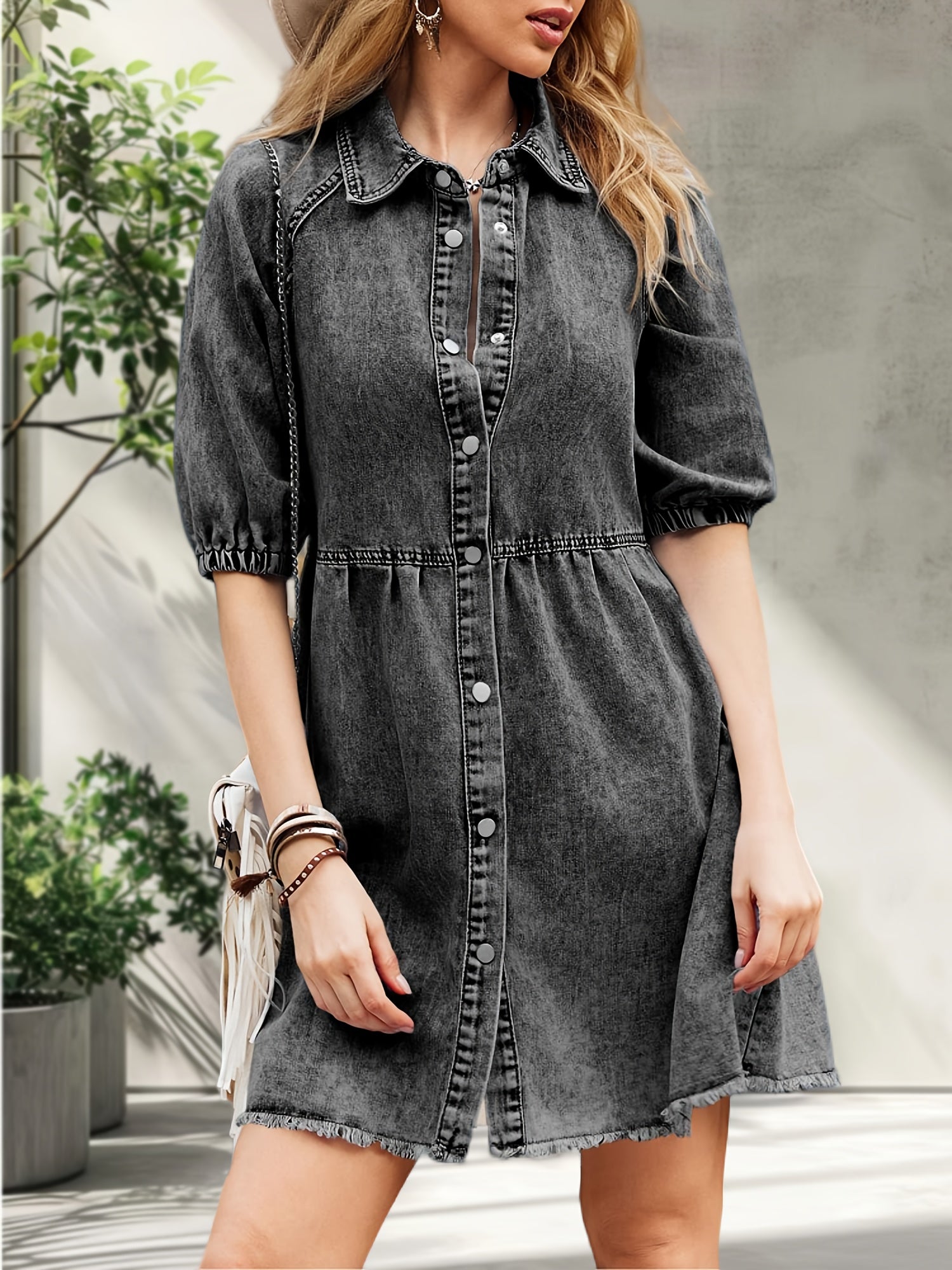 Womens Puff Sleeve Summer Denim Dress Button Short Sleeve Babydoll Dress Flowy Jean Dress