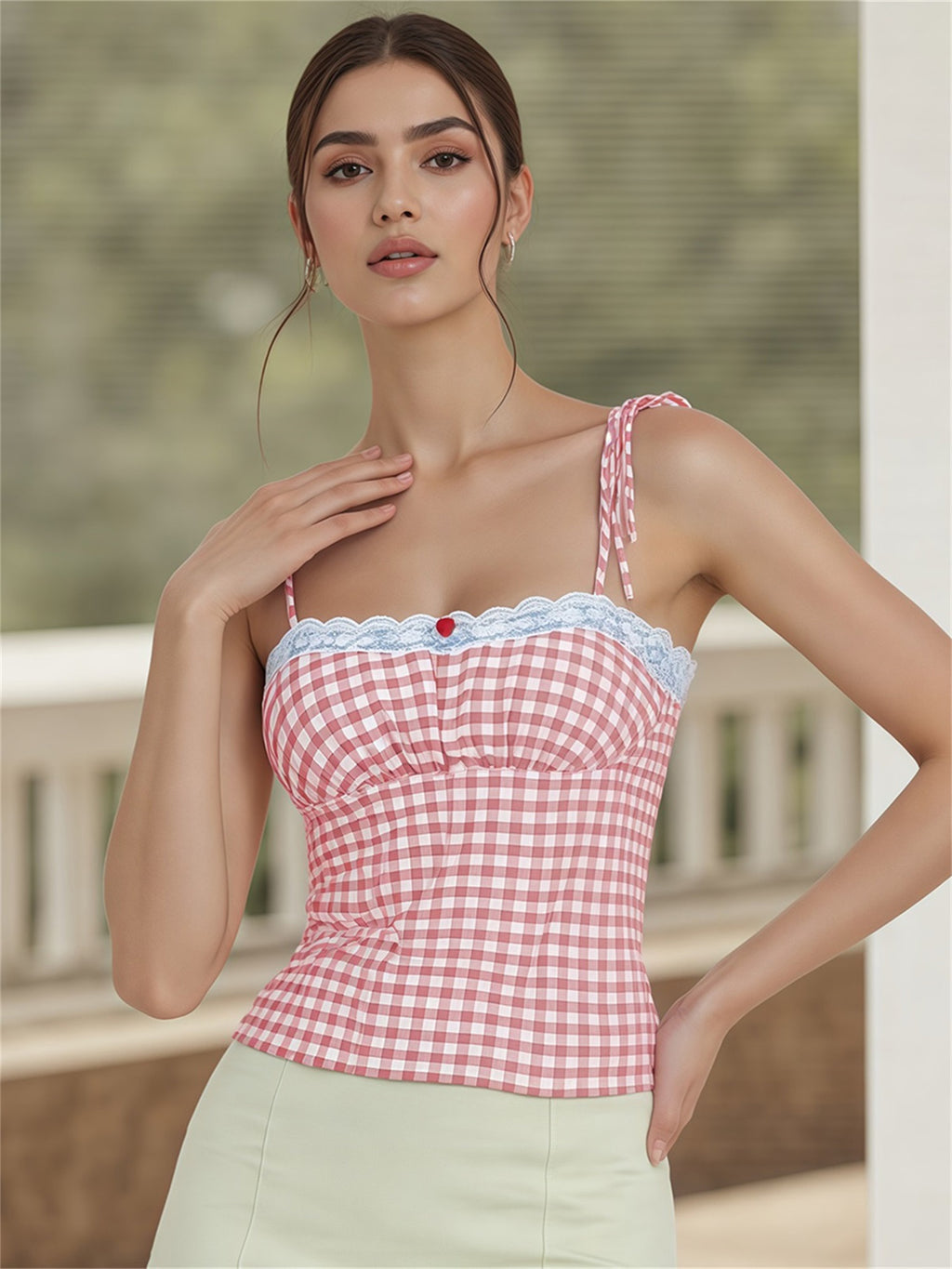 Women'S Fitted Cami Tops Sleeveless Lace Trim Plaid Print Slim Fit Camisole Tank Tops