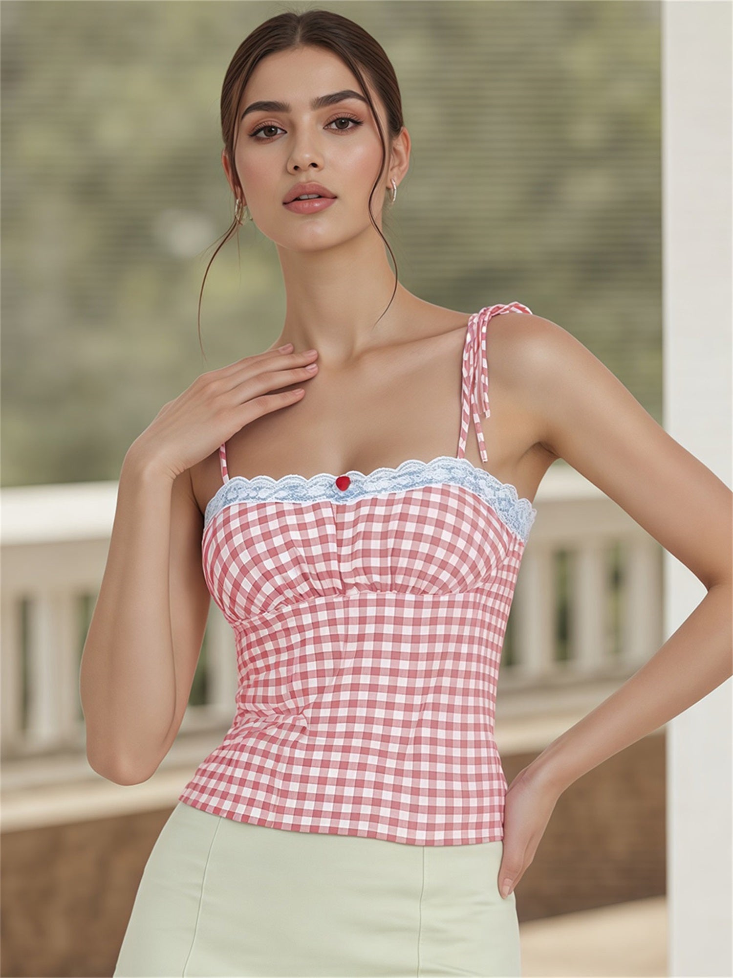 Women'S Fitted Cami Tops Sleeveless Lace Trim Plaid Print Slim Fit Camisole Tank Tops