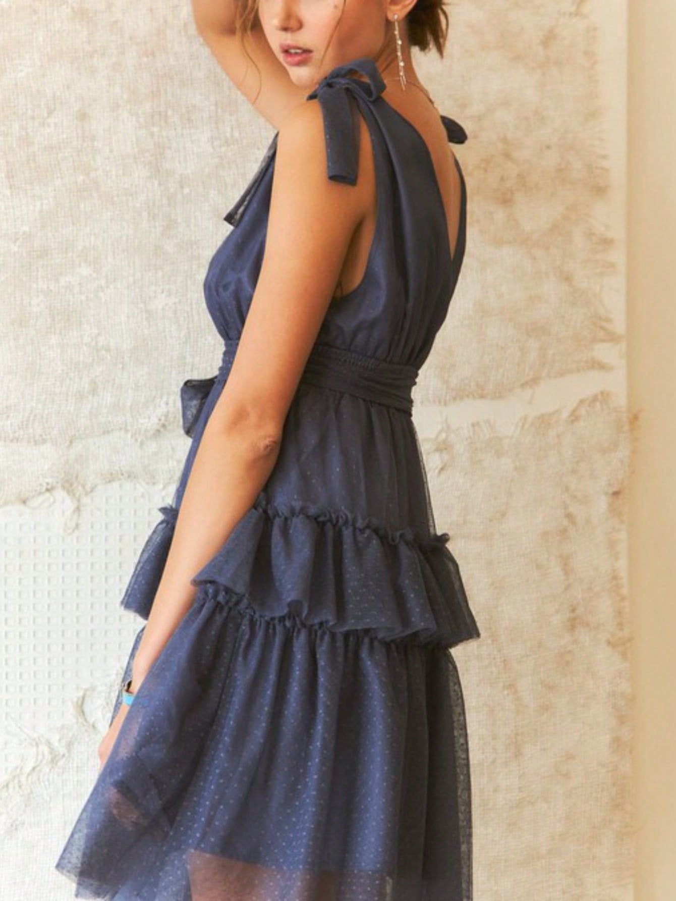 Womens Casual Party Romantic Chic Shoulder Bow Tiered Ruffle Mini Dress Navy Blue Sleeveless V Neck Swiss Dot Tulle Mesh Overlay Summer Wedding Guest Cocktail Evening Special Occasion
