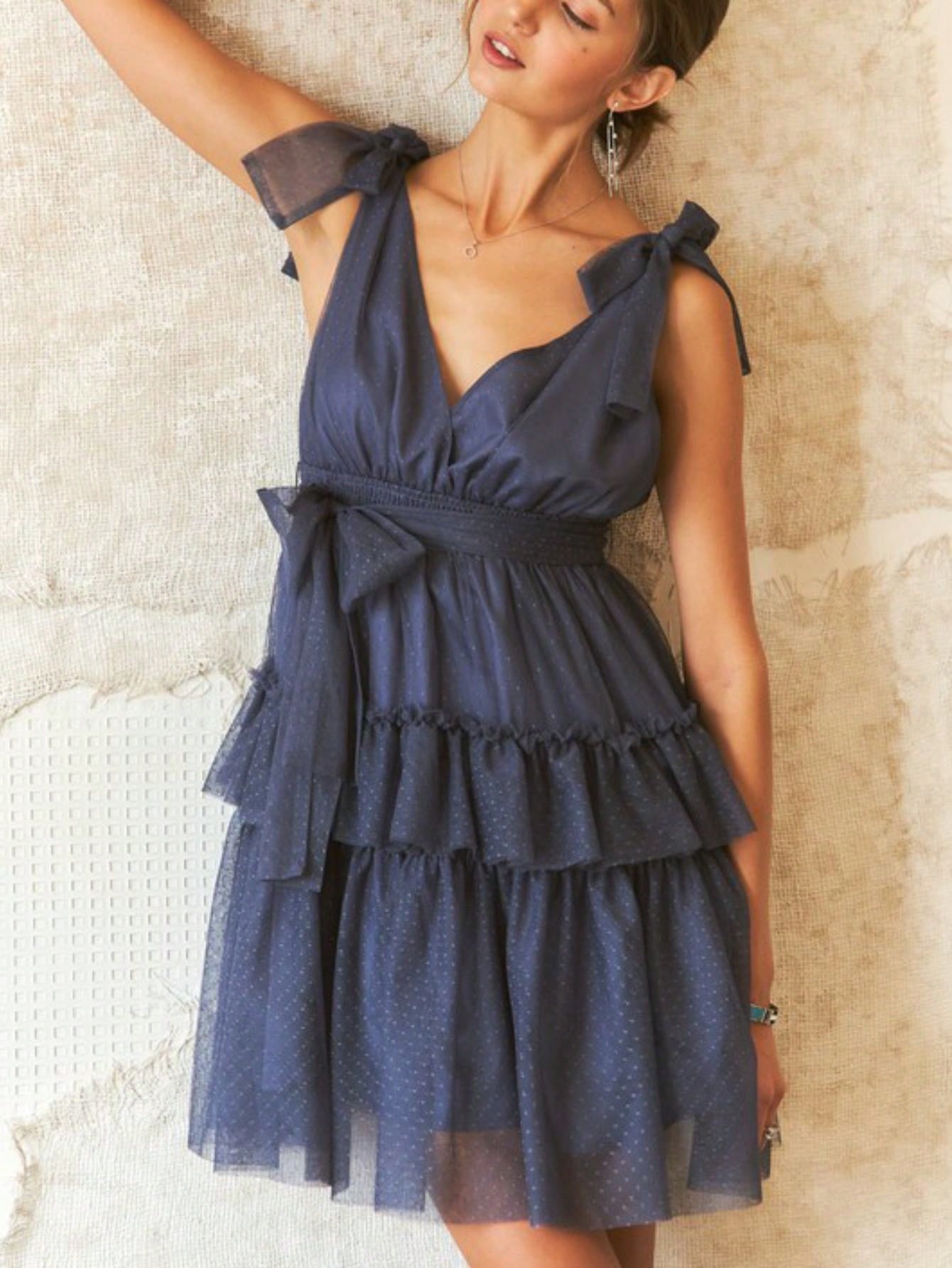 Womens Casual Party Romantic Chic Shoulder Bow Tiered Ruffle Mini Dress Navy Blue Sleeveless V Neck Swiss Dot Tulle Mesh Overlay Summer Wedding Guest Cocktail Evening Special Occasion