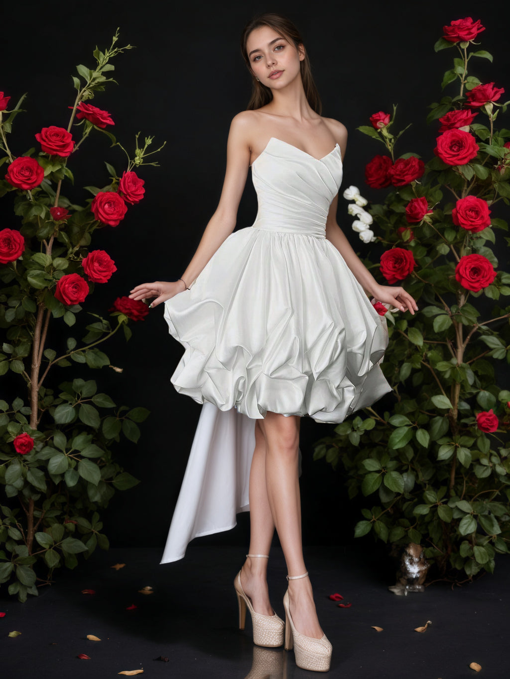 White Strapless Sweetheart Mini Dress With Bubble Hem And Back Bow Train, Elegant Short Prom Dress, Princess Birthday Gown, Cocktail Party Look, Dreamy Ruffle Formal Dress, Bridal Shower Outfit