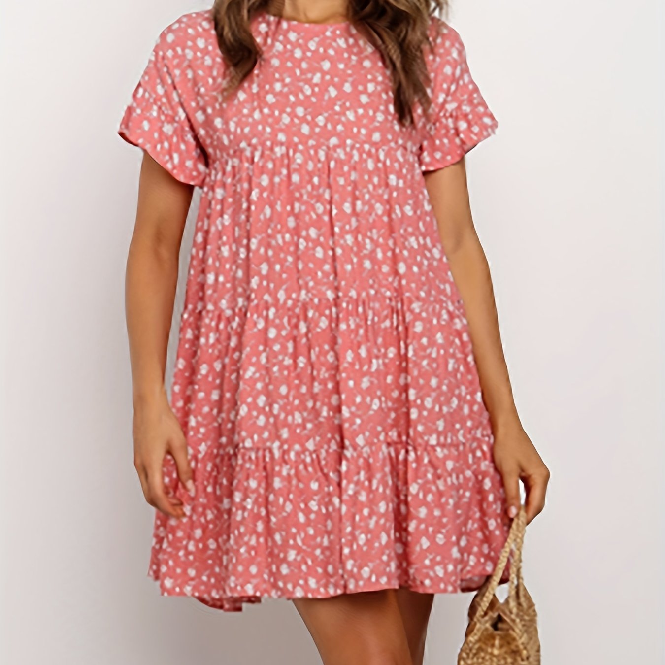 Women'S Boho Floral Print Short Sleeve T-Shirt Dress - Casual Ruffled Hem, Loose Swing Fit, Round Neck, Lightweight Summer Dress for Casual Attire, Boho Dress