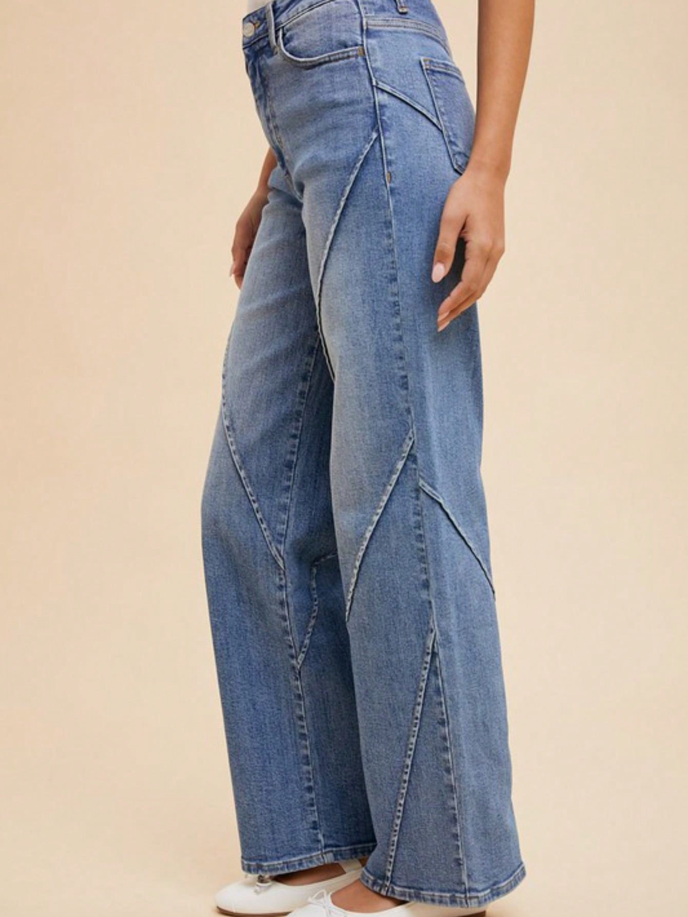 Womens Casual Denim Chic Diagonal Seam Design Wide Leg Jeans Light Blue High Waisted Retro Style Flared Bottom Pants with Vintage Wash Perfect for Daily Wear Street Style Fashion All Season Statement Bottoms
