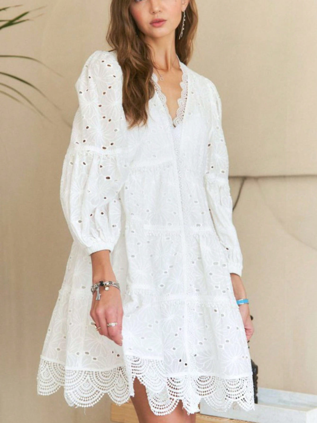 Womens Casual Boho Romantic Chic Eyelet Embroidered Lace Trim Tiered Babydoll Dress White Long Sleeve V Neck Above Knee Airy Flowy Summer Beach Wedding Guest Party Sundress