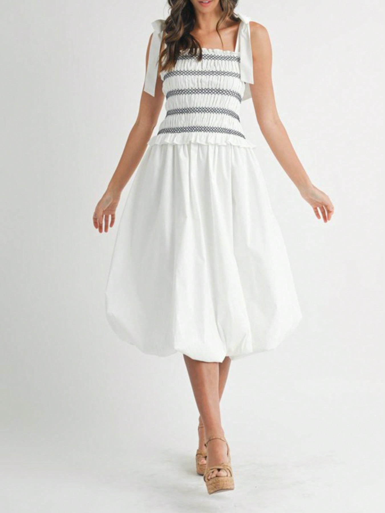 Womens Casual Summer Romantic Chic Smocked Striped Bow Shoulder Midi Dress White Square Neck Sleeveless Flared Skirt Light Airy Beach Vacation Party Sundress