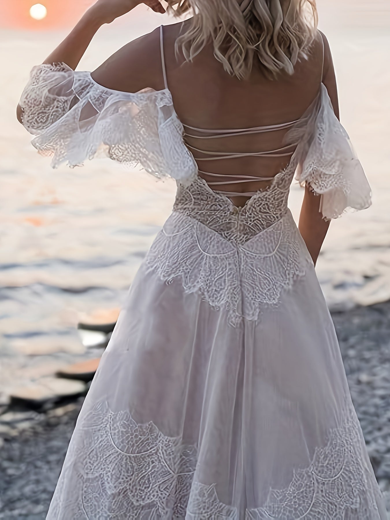 Elegant Off-Shoulder Lace Wedding Dress with Ruffled Sleeves and Long Train - V-Neck, Flowy Beach Bridesmaid Dress for Women, Perfect for Outdoor Ceremonies, Wedding Guest Attire|Elegant Offshoulder Design|Lace Detailing, Wedding Dresses for Bride