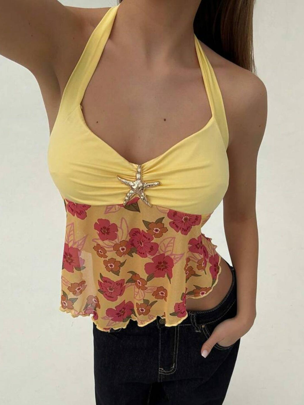 Women'S Starfish Halter Top - Adjustable Off-Shoulder Beach Vest for Vacations\u002FClubwear\u002FStreet Style, Stretchy Bohemian Summer Top with Anti-Slip Neckline