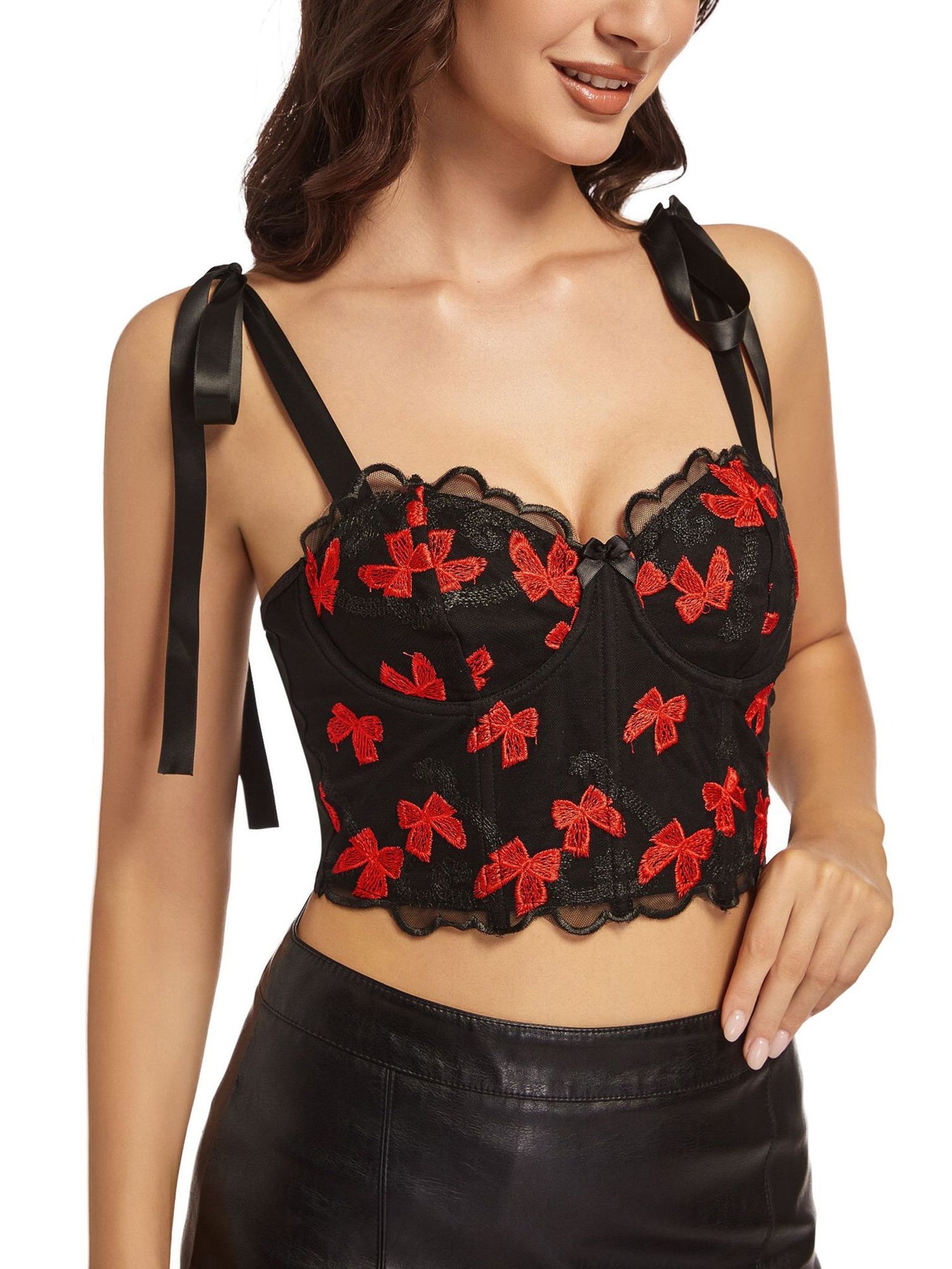 Women's Sexy Butterfly Embroidered Camisole Tank Top with Adjustable Tie-Up Shoulder Straps - Black & Red Sleeveless Streetwear Top for Spring Summer Fall, Butterfly Tank Top