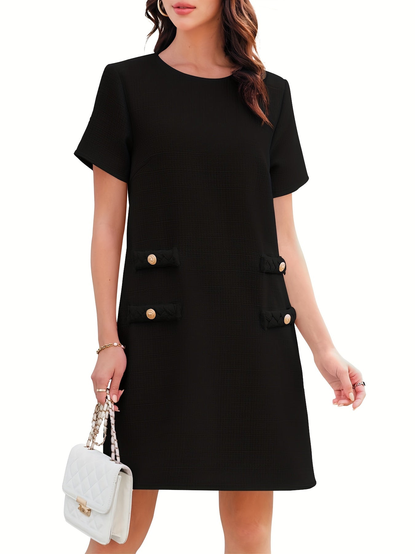 Women'S Tweed Mini Dress Short Sleeve Crew Neck Work Office Elagant Formal Summer A Line Dresses