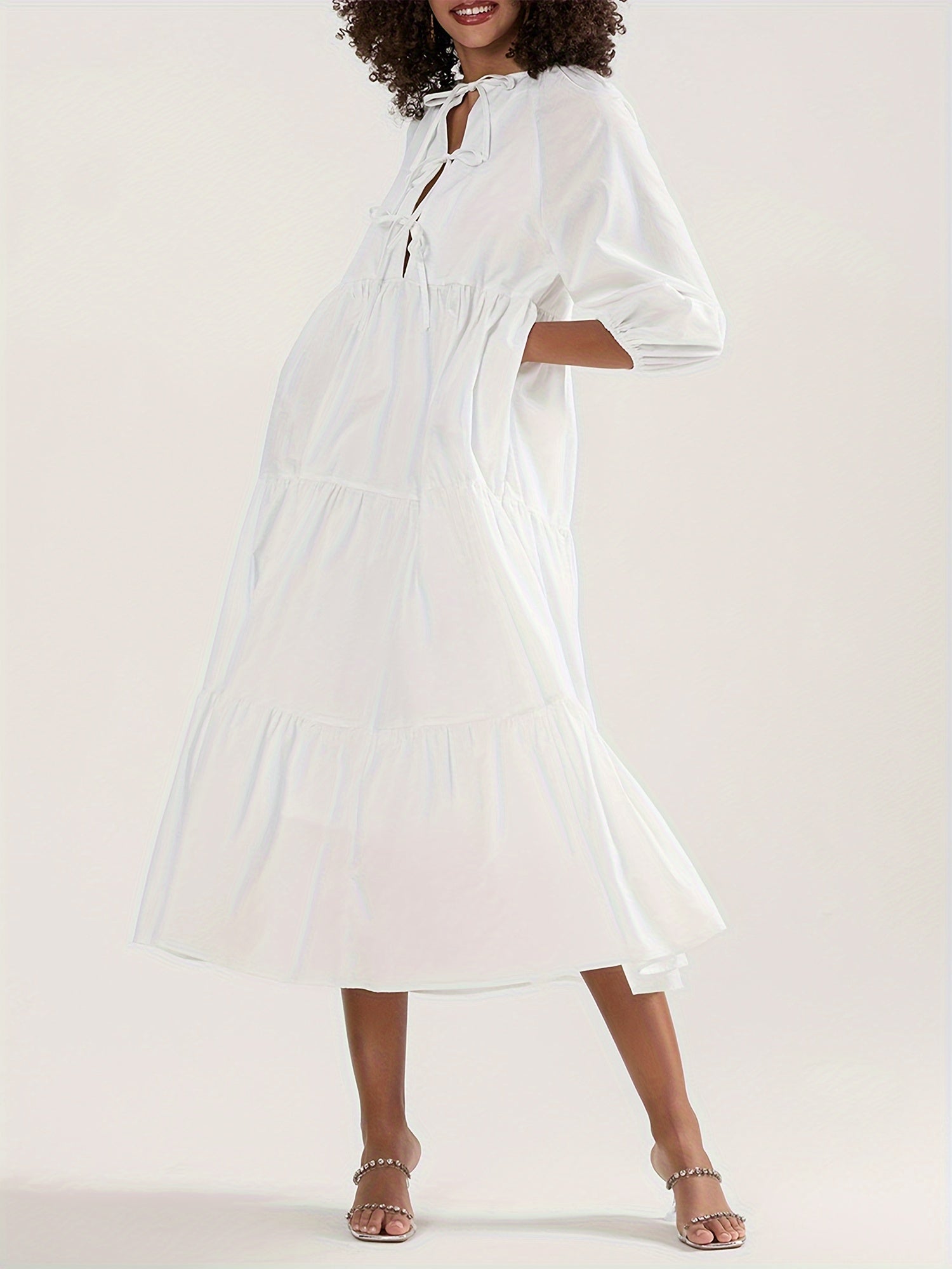 Women's Elegant Long Sleeve A-Line Midi Dress with Tie-Front Detail - Flowy Round Neck Solid Black Dress for Spring Summer Fall, Machine Washable Casual to Semi-Formal Wear, Long Sleeve Dresses, Seasonal Fashion, Quality Fabric