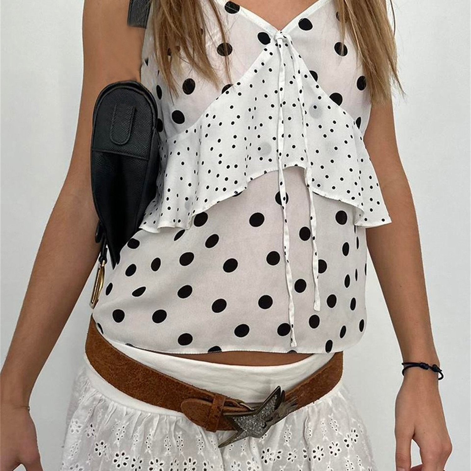 Women Camisoles Dot Print Tie-Up Front V-Neck Casual Tank Tops Summer Sleeveless Tops Streetwear