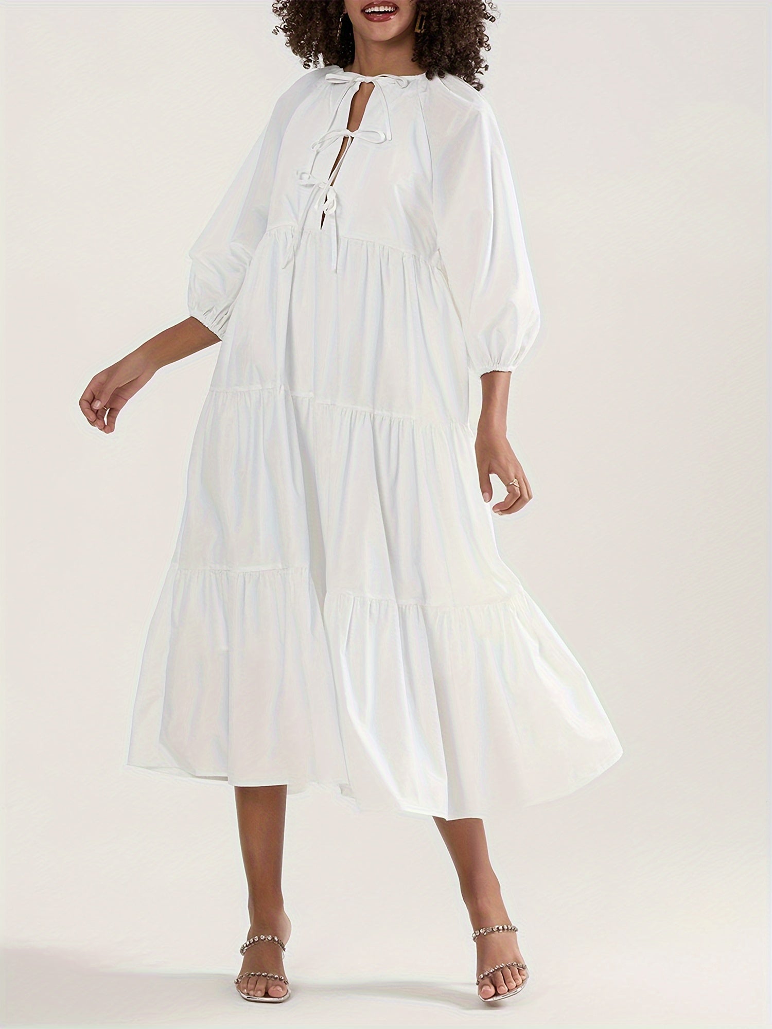 Women's Elegant Long Sleeve A-Line Midi Dress with Tie-Front Detail - Flowy Round Neck Solid Black Dress for Spring Summer Fall, Machine Washable Casual to Semi-Formal Wear, Long Sleeve Dresses, Seasonal Fashion, Quality Fabric