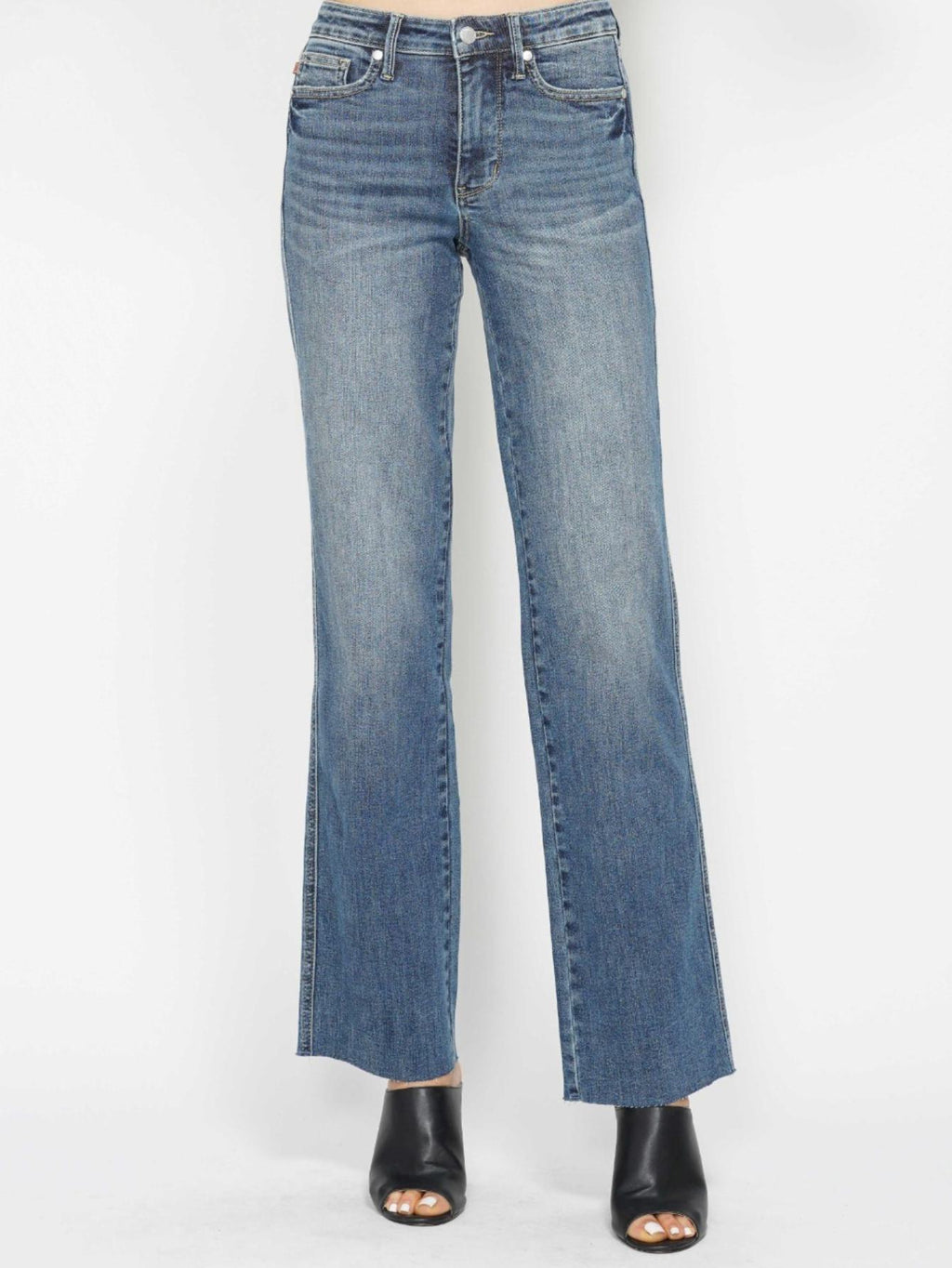 Judy-B Women's High-Waisted Bootcut Jeans in Light Blue Denim with Full Length, Button and Zipper Closure, Slim Fit, Classic Style for Everyday Casual Wear