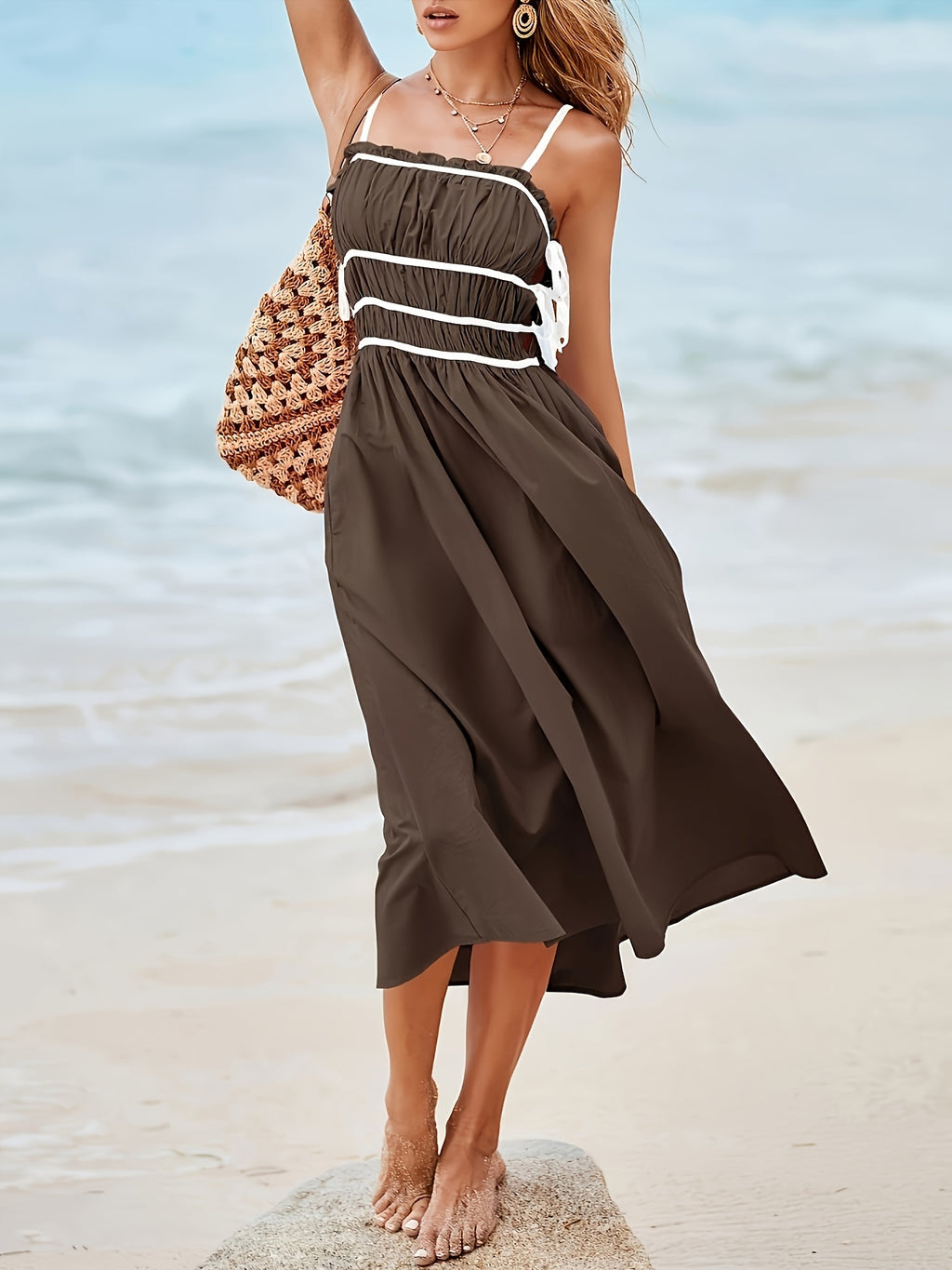 Elegant Cotton Spaghetti Strap Midi Dress, Sleeveless Patchwork Summer Beach Dress, with Backless Smocked Ruffle Detail, for Women