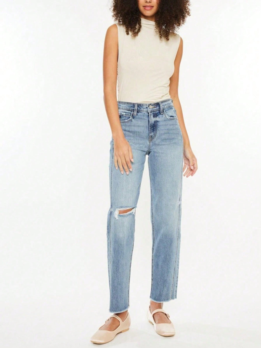 Women's Casual Boyfriend Jeans Retro Ultra High Rise Distressed Straight-Leg Denim Pants Medium Wash Full-Length Frayed Hem Classic 5-Pocket Zipper And Button Closure Ideal for Spring\u002FSummer\u002FFall Everyday Wear or Outings
