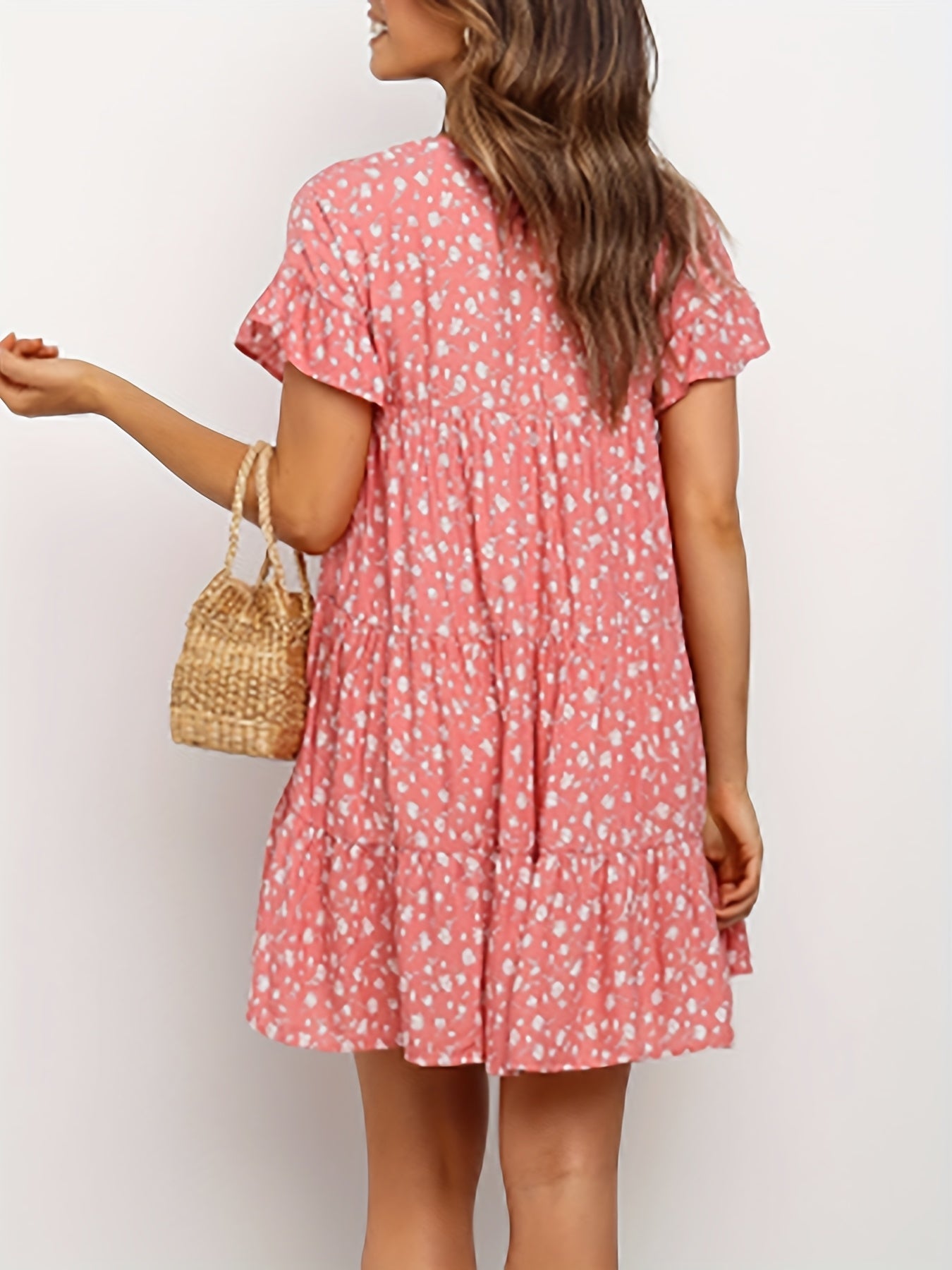 Women'S Boho Floral Print Short Sleeve T-Shirt Dress - Casual Ruffled Hem, Loose Swing Fit, Round Neck, Lightweight Summer Dress for Casual Attire, Boho Dress