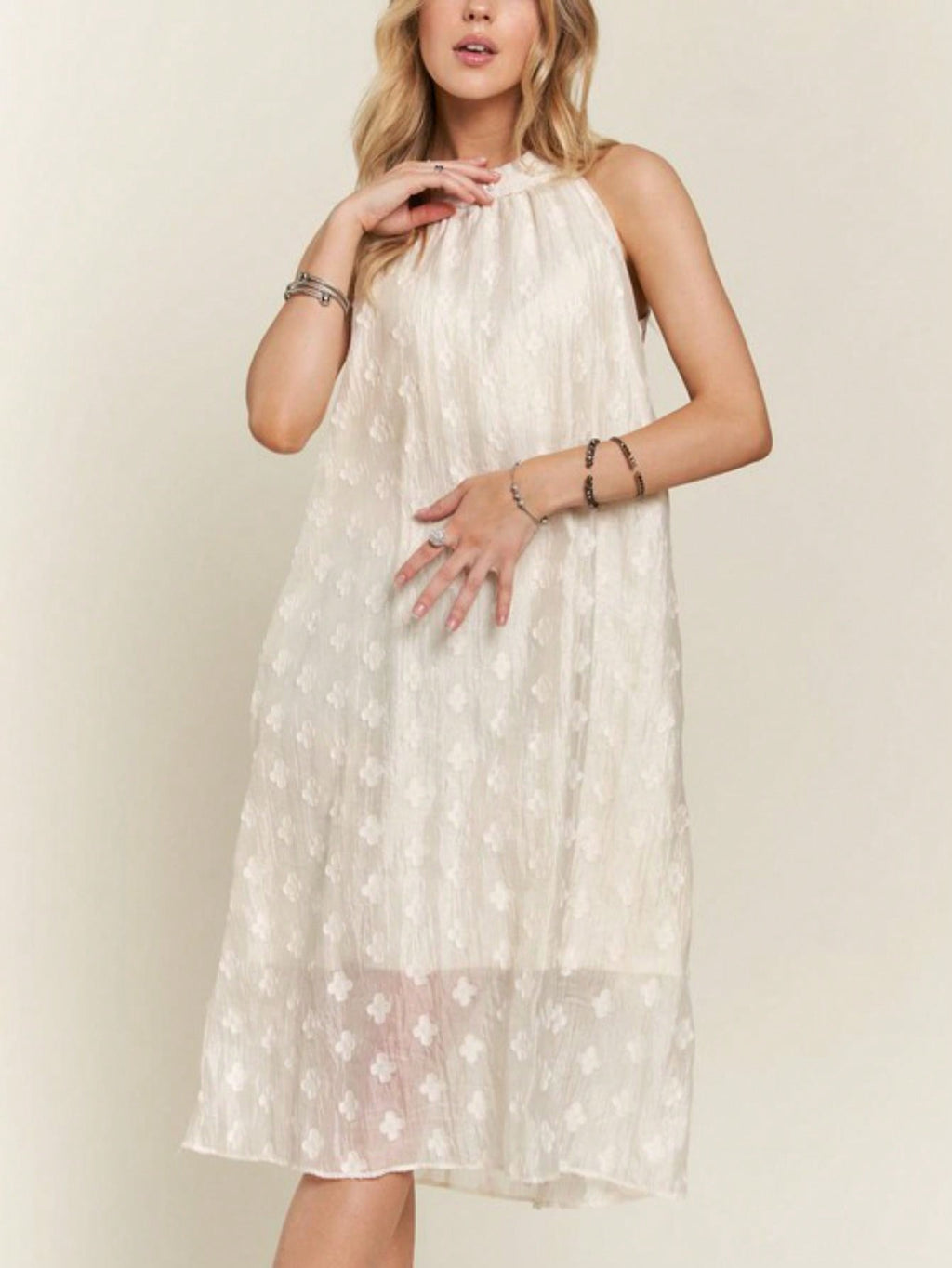 Womens Casual Floral Romantic Chic Halter Neck Embroidered Flower Pattern Swing Midi Dress Ivory White Sleeveless Full Length Mock Neck Shimmery Fabric Perfect for Summer Wedding Guest Party Occasions