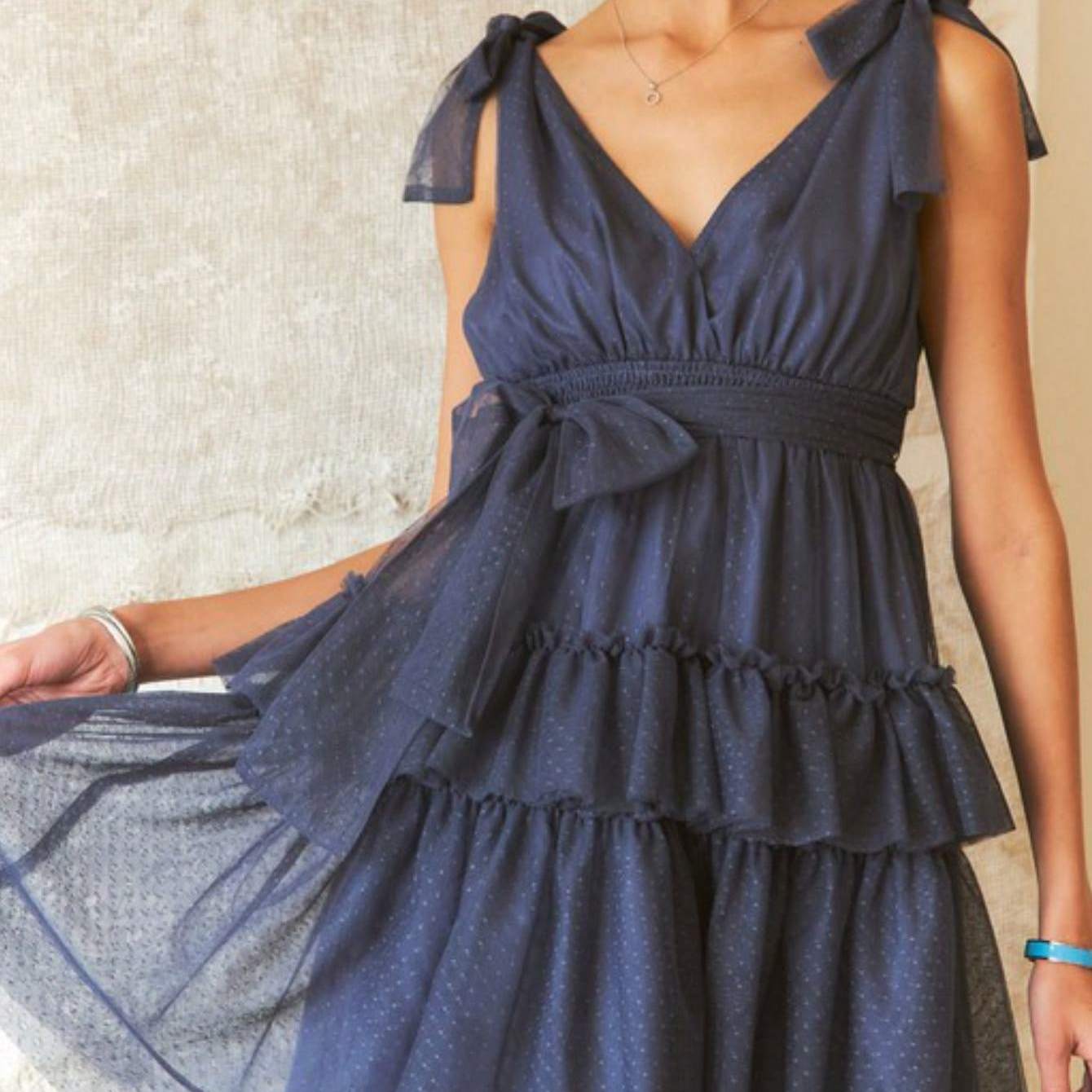 Womens Casual Party Romantic Chic Shoulder Bow Tiered Ruffle Mini Dress Navy Blue Sleeveless V Neck Swiss Dot Tulle Mesh Overlay Summer Wedding Guest Cocktail Evening Special Occasion