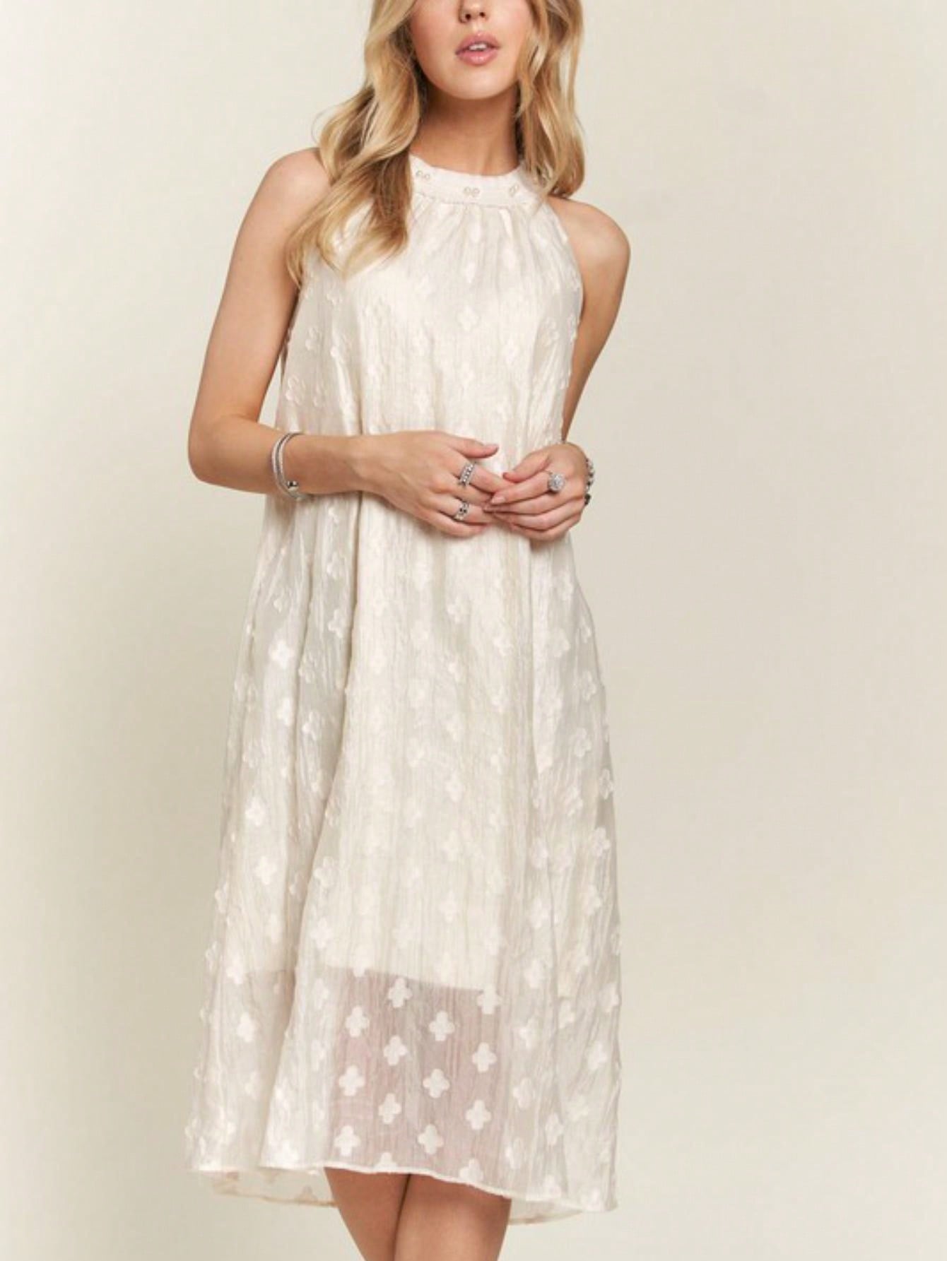 Womens Casual Floral Romantic Chic Halter Neck Embroidered Flower Pattern Swing Midi Dress Ivory White Sleeveless Full Length Mock Neck Shimmery Fabric Perfect for Summer Wedding Guest Party Occasions