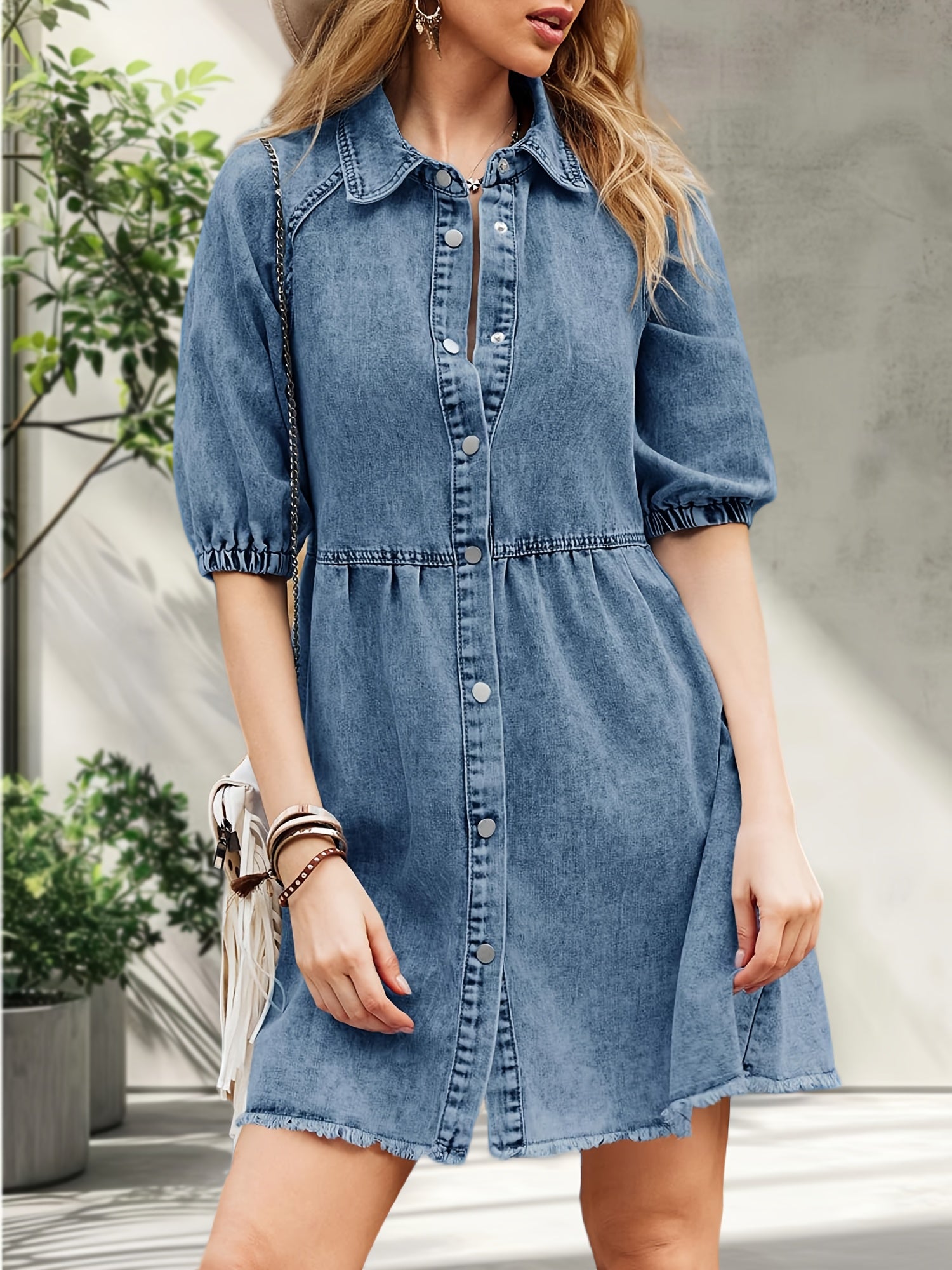 Womens Puff Sleeve Summer Denim Dress Button Short Sleeve Babydoll Dress Flowy Jean Dress