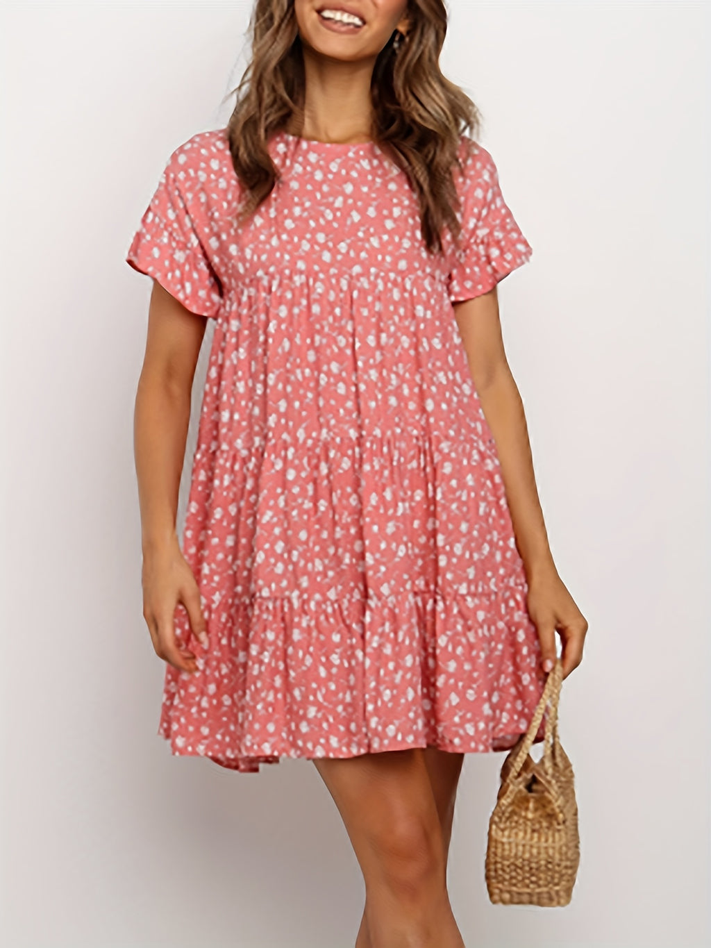 Women'S Boho Floral Print Short Sleeve T-Shirt Dress - Casual Ruffled Hem, Loose Swing Fit, Round Neck, Lightweight Summer Dress for Casual Attire, Boho Dress