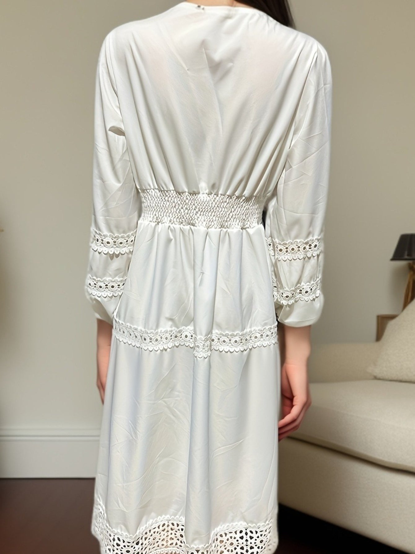 Elegant Lace Hollow Out Women'S Long Dress Solid V-neck Patchwork Puff Sleeve Bodycon Dressess Female 2025 Spring New Lady Robes