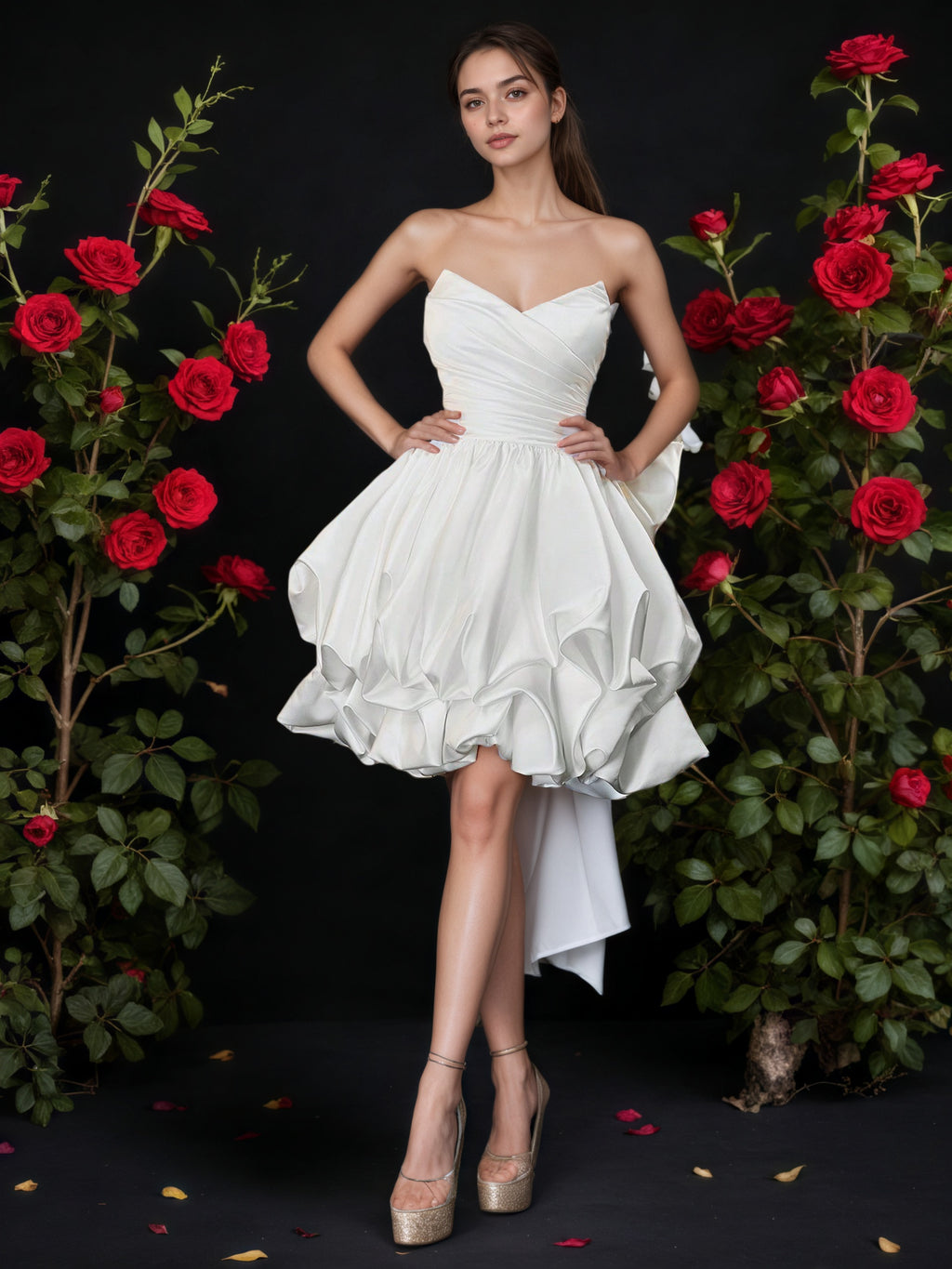 White Strapless Sweetheart Mini Dress With Bubble Hem And Back Bow Train, Elegant Short Prom Dress, Princess Birthday Gown, Cocktail Party Look, Dreamy Ruffle Formal Dress, Bridal Shower Outfit