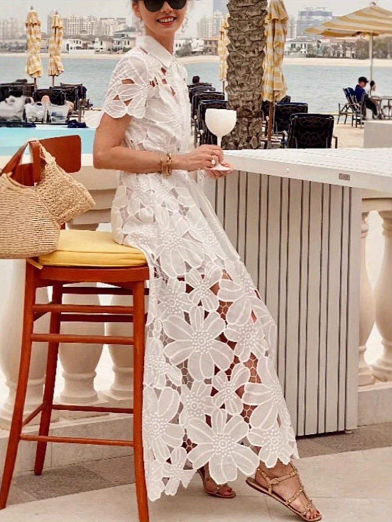 Women'S Elegant Lace Cardigan Dress - Chic Single-Breasted, Long Sleeve, Flared Hem, Solid Color, Perfect for Spring\u002FSummer\u002FFall, Casual to Formal Wear, Casual Dressing | Chic Dress | Lace Detailing, Lace Dress