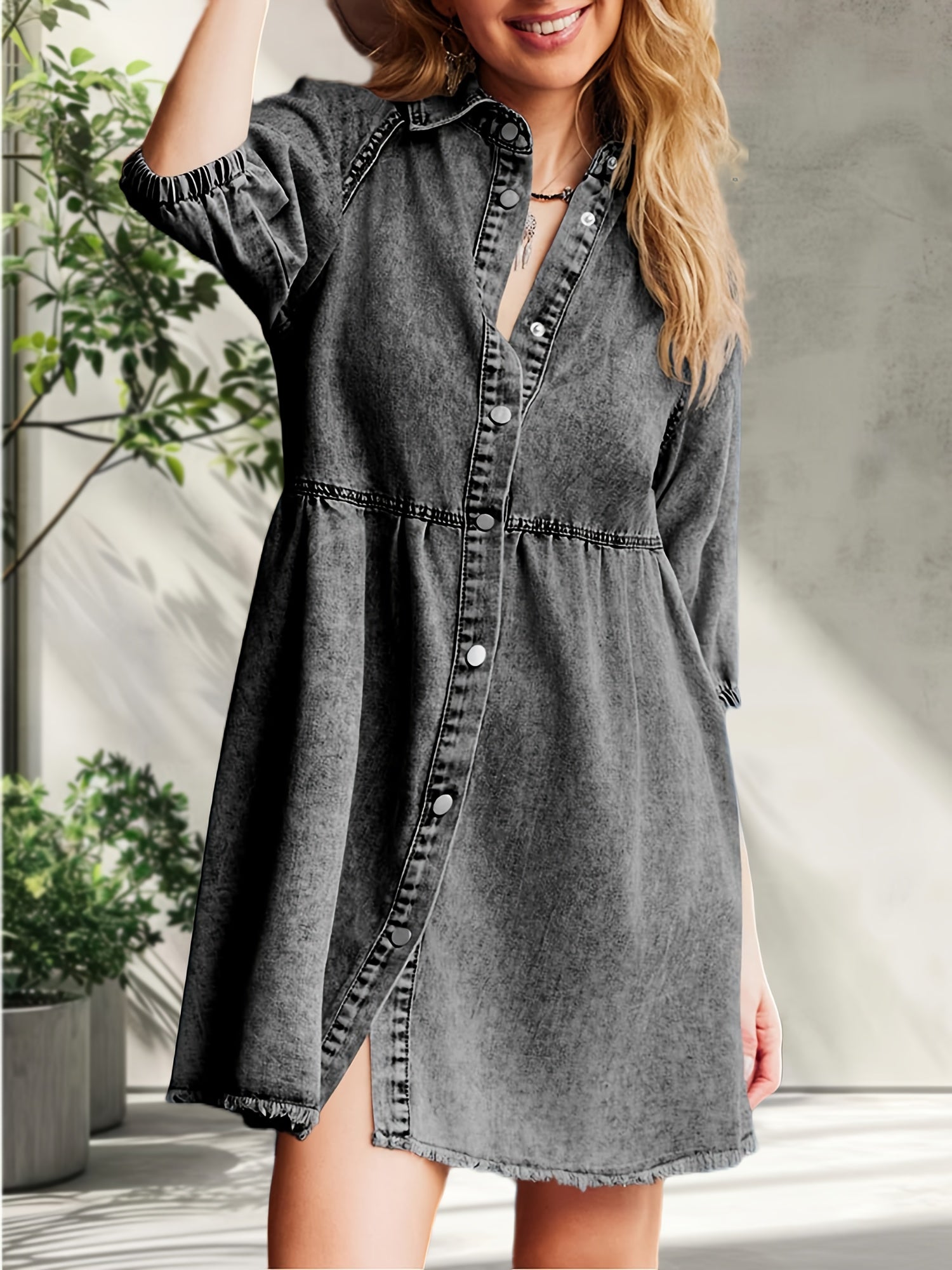 Womens Puff Sleeve Summer Denim Dress Button Short Sleeve Babydoll Dress Flowy Jean Dress