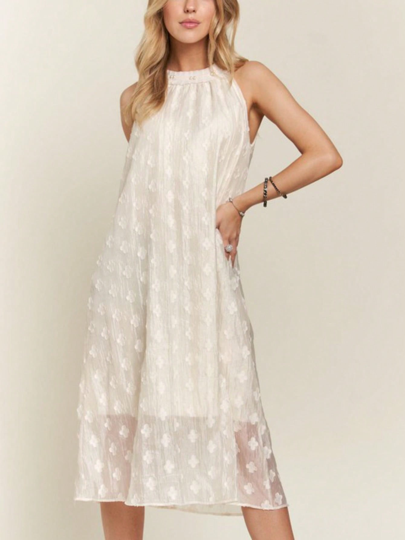 Womens Casual Floral Romantic Chic Halter Neck Embroidered Flower Pattern Swing Midi Dress Ivory White Sleeveless Full Length Mock Neck Shimmery Fabric Perfect for Summer Wedding Guest Party Occasions