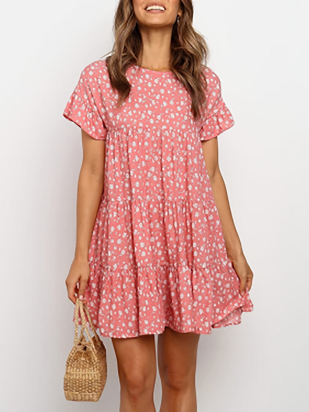 Women'S Boho Floral Print Short Sleeve T-Shirt Dress - Casual Ruffled Hem, Loose Swing Fit, Round Neck, Lightweight Summer Dress for Casual Attire, Boho Dress