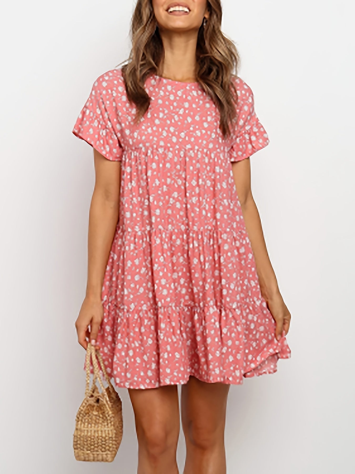 Women'S Boho Floral Print Short Sleeve T-Shirt Dress - Casual Ruffled Hem, Loose Swing Fit, Round Neck, Lightweight Summer Dress for Casual Attire, Boho Dress