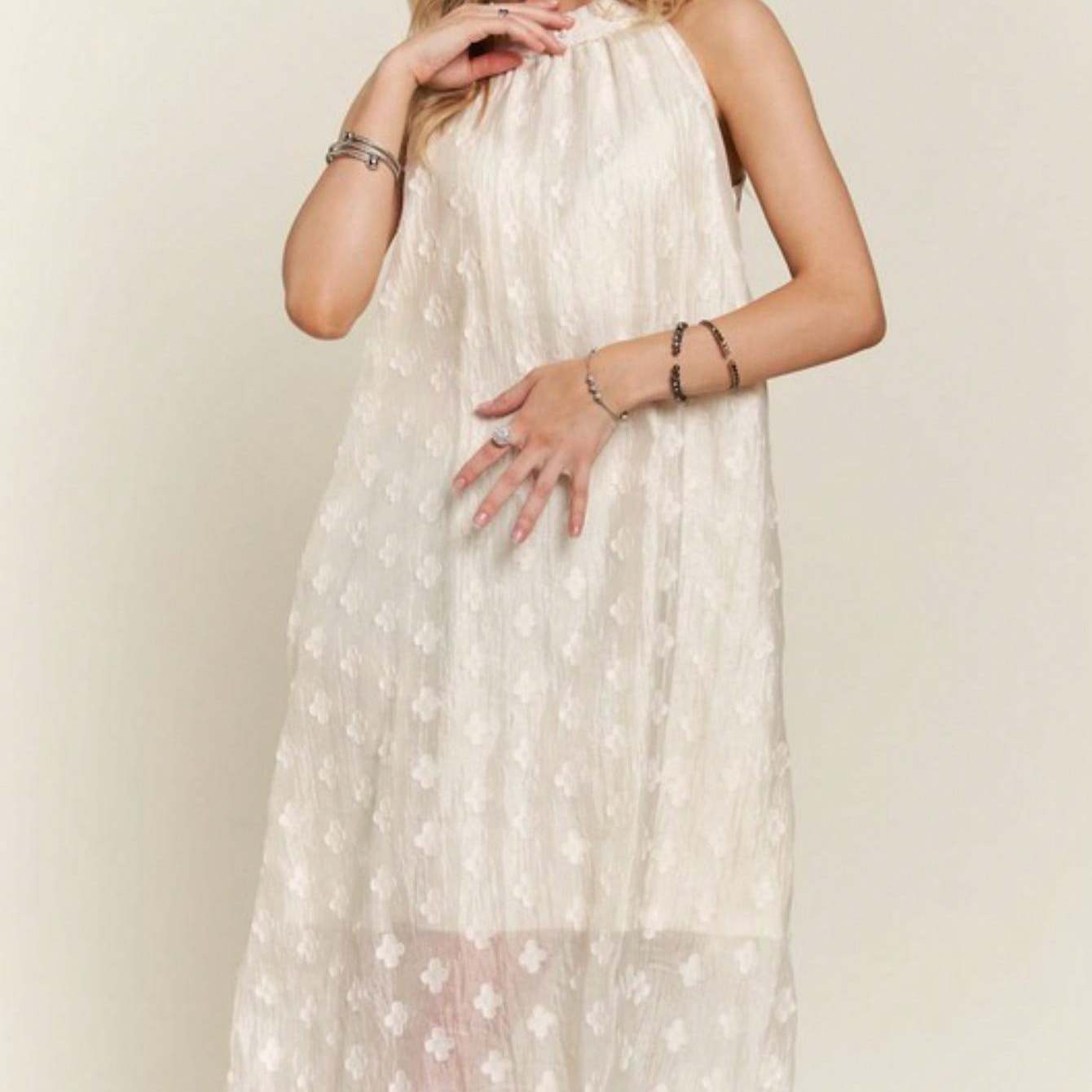 Womens Casual Floral Romantic Chic Halter Neck Embroidered Flower Pattern Swing Midi Dress Ivory White Sleeveless Full Length Mock Neck Shimmery Fabric Perfect for Summer Wedding Guest Party Occasions